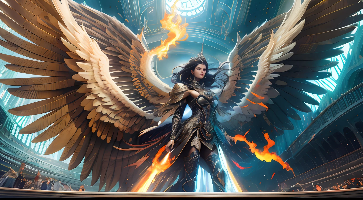 A mythical majestic grand robotic angel descending from a fiery heaven, detalhado, Fujifilm, 32k, Imax, grau de cor, cinemactic, moton blur, rosto angelical, nariz delicado, fundo mais iluminado, rosto bem definido, mulher guerreira, forte
