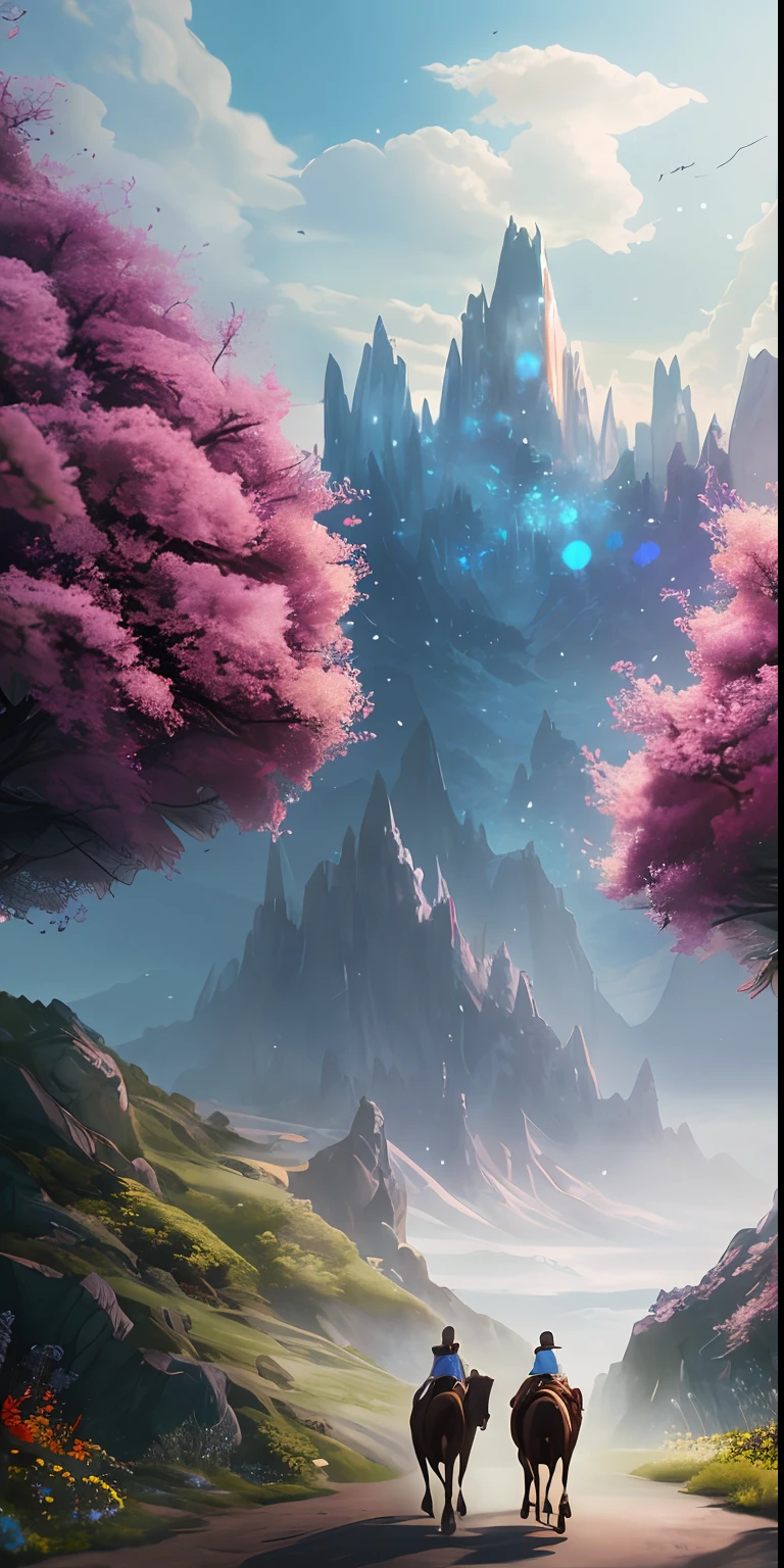 masterpiece、top-quality、hightquality、Highly detailed CG Unity 8k wallpapers、Road to the White City、Distant view of the back of travelers riding five horses、flowering landscape、A dry place like an empty desert、dearness、foxy、Mono Lake、Enoki、3D Digital Painting、awardwinning photo、Bokeh、depth of fields、HDR 、Bloom、chromatic abberation、Photorealsitic、A highly detailed、Trending on ArtStation、Trending in CGSociety、Convoluted、High Details、Dramatic、Art by Mid Journey
