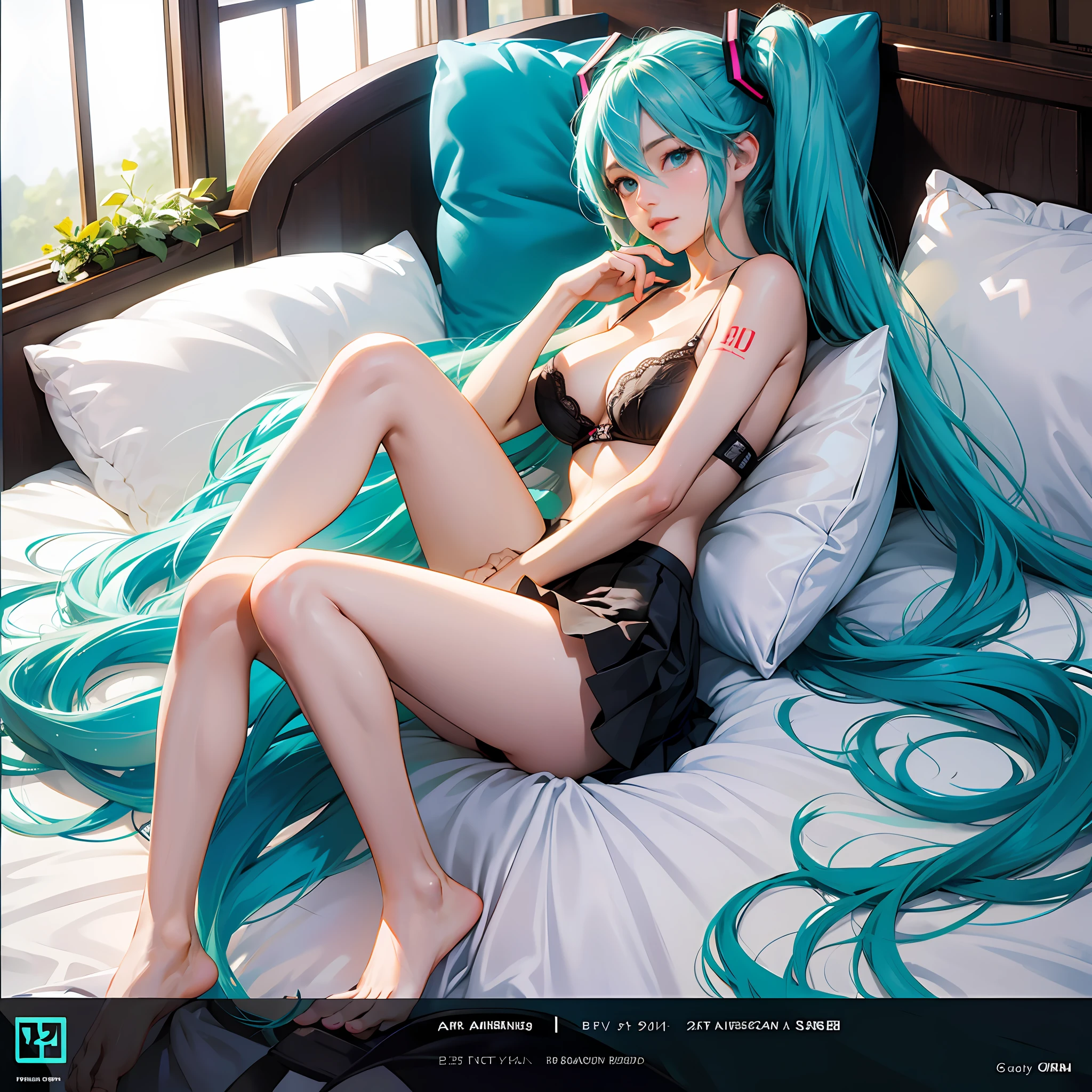 Big breasts Hatsune Miku，Lying in bed，Charming，transparent panty，Barefoot，Long legs，huge tit --auto