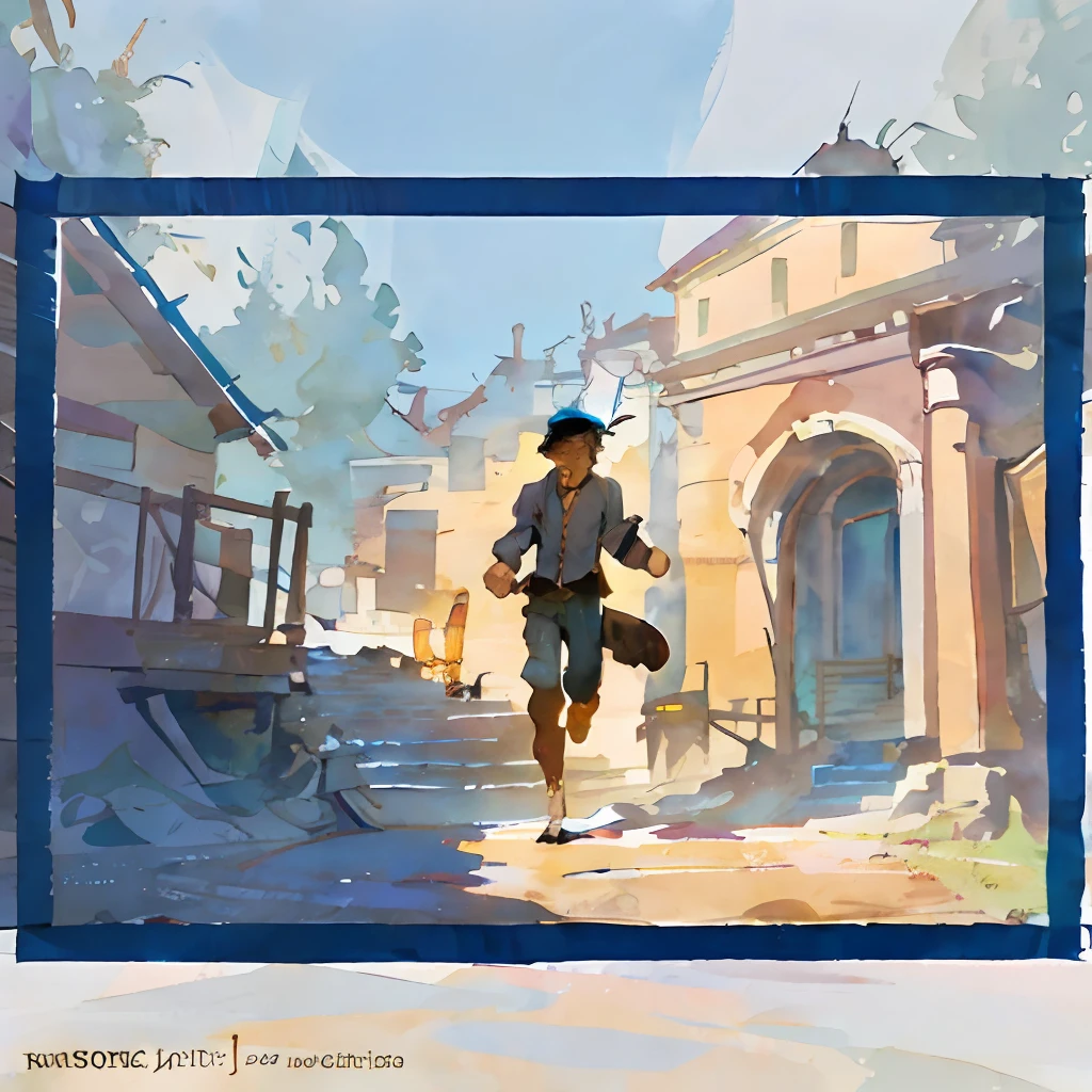 there is a man that is running down the stairs, inspired by N.C. Wyeth, inspired by N. C. Wyeth, published concept art, point-and-click adventure game, stylized digital illustration, illustration matte painting, inspired by George Caleb Bingham, inspired by Jean Tabaud, stylized concept art, keyframe illustration