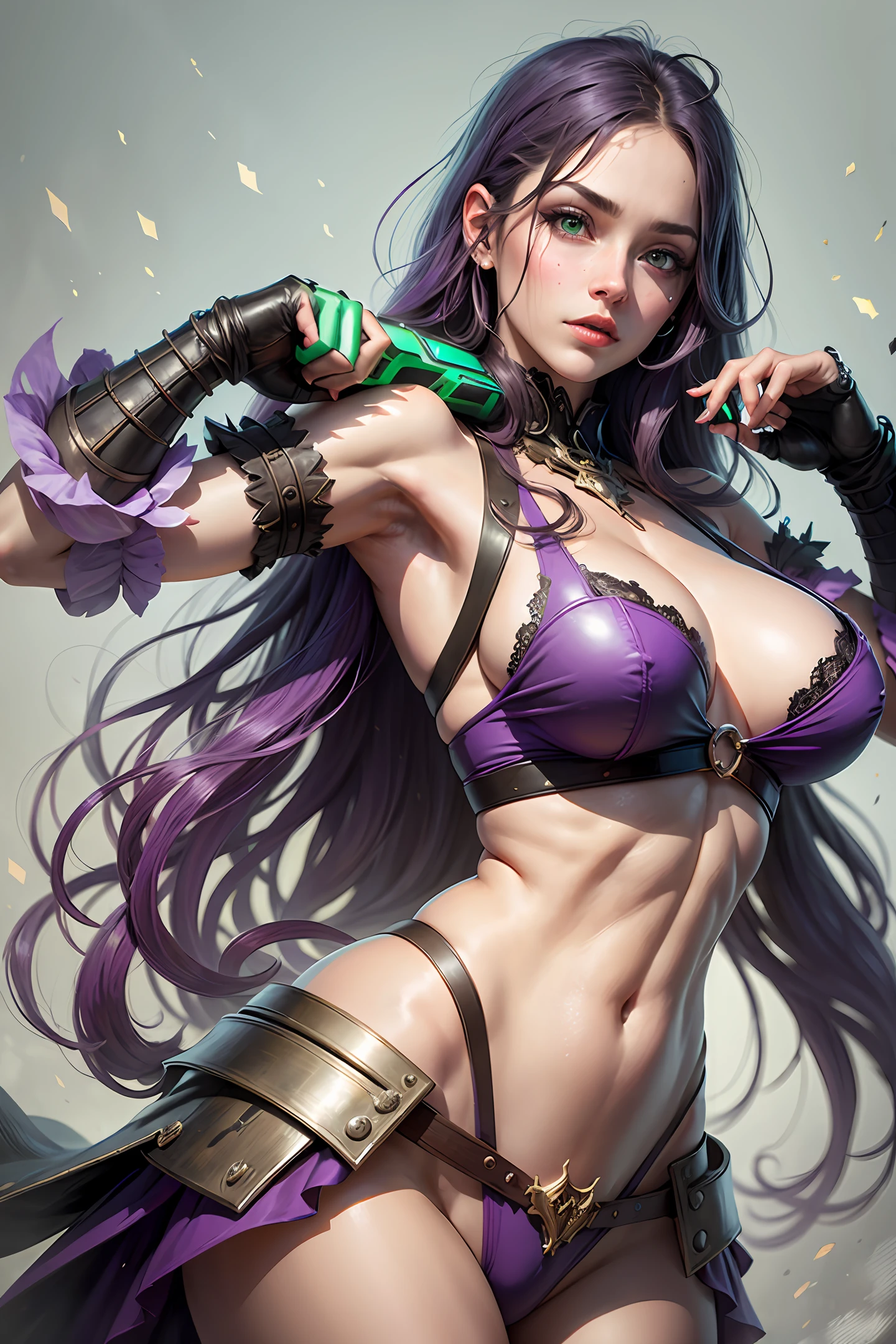 female demon hunter, realistic, double guns, purple long straight hair, green eyes --auto --s2