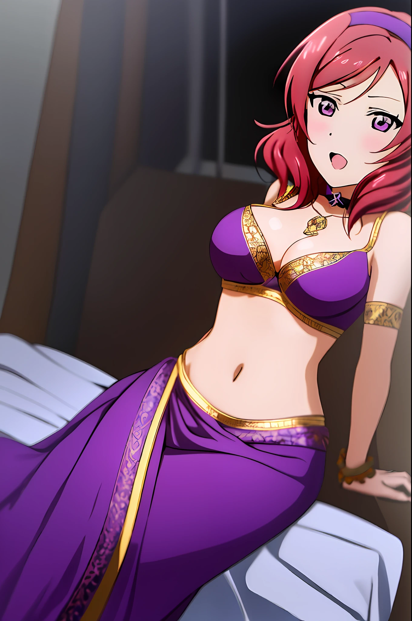 nishikino_maki, 1girl, solo, anastasia (idolmaster), idolmaster cinderella girls, purple eyes, short hair, red hair, wearing saree, 1girl, breasts,, solo, large_breasts, looking_at_viewer, choker hair_between_eyes, , on_back, hairband, blush,thighhighs, open_mouth,