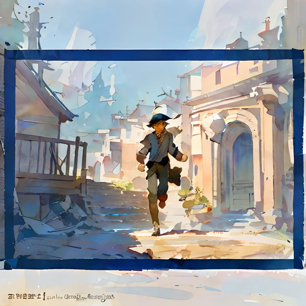 there is a man that is running down the stairs, inspired by N.C. Wyeth, inspired by N. C. Wyeth, published concept art, point-and-click adventure game, stylized digital illustration, illustration matte painting, inspired by George Caleb Bingham, inspired by Jean Tabaud, stylized concept art, keyframe illustration