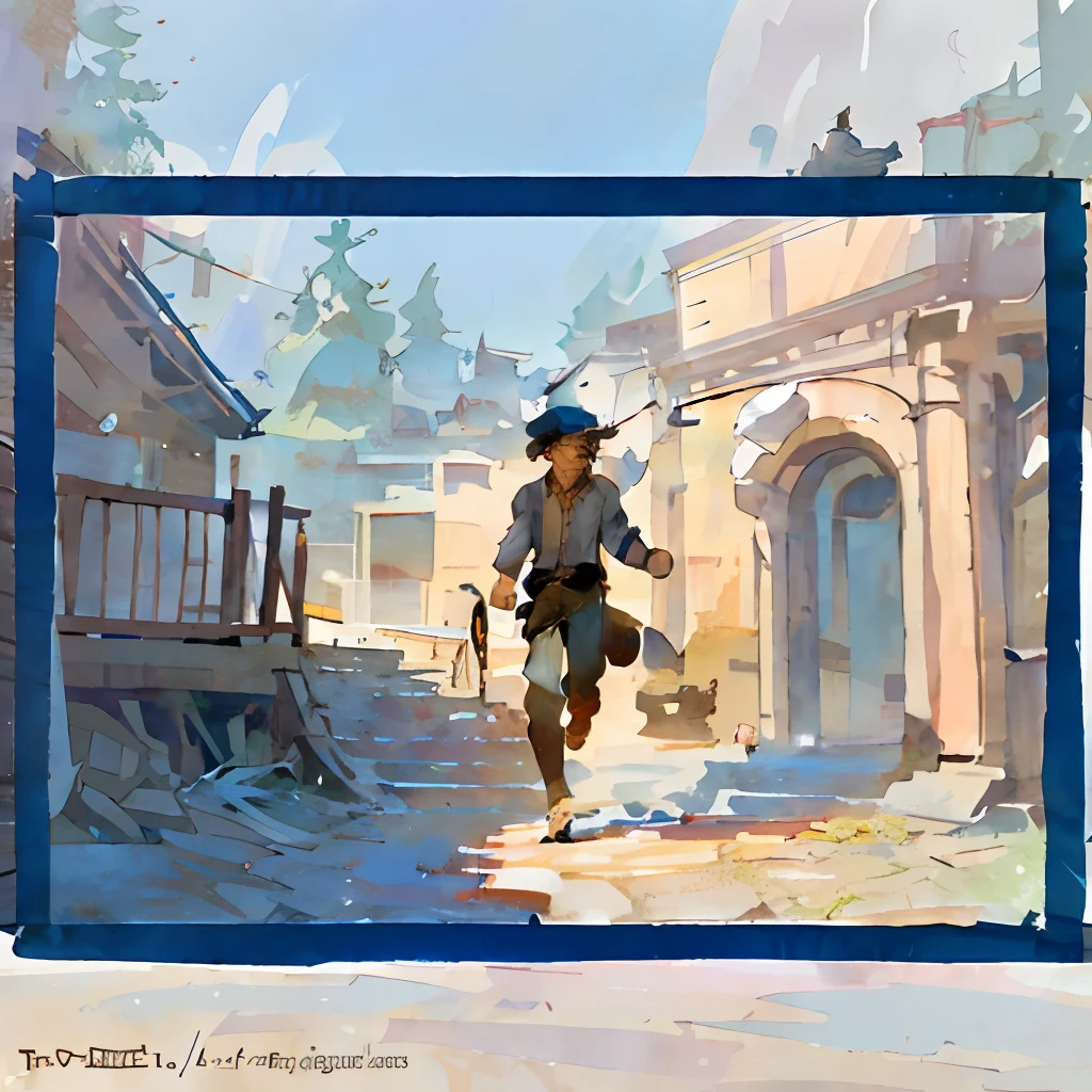 there is a man that is running down the stairs, inspired by N.C. Wyeth, inspired by N. C. Wyeth, published concept art, point-and-click adventure game, stylized digital illustration, illustration matte painting, inspired by George Caleb Bingham, inspired by Jean Tabaud, stylized concept art, keyframe illustration