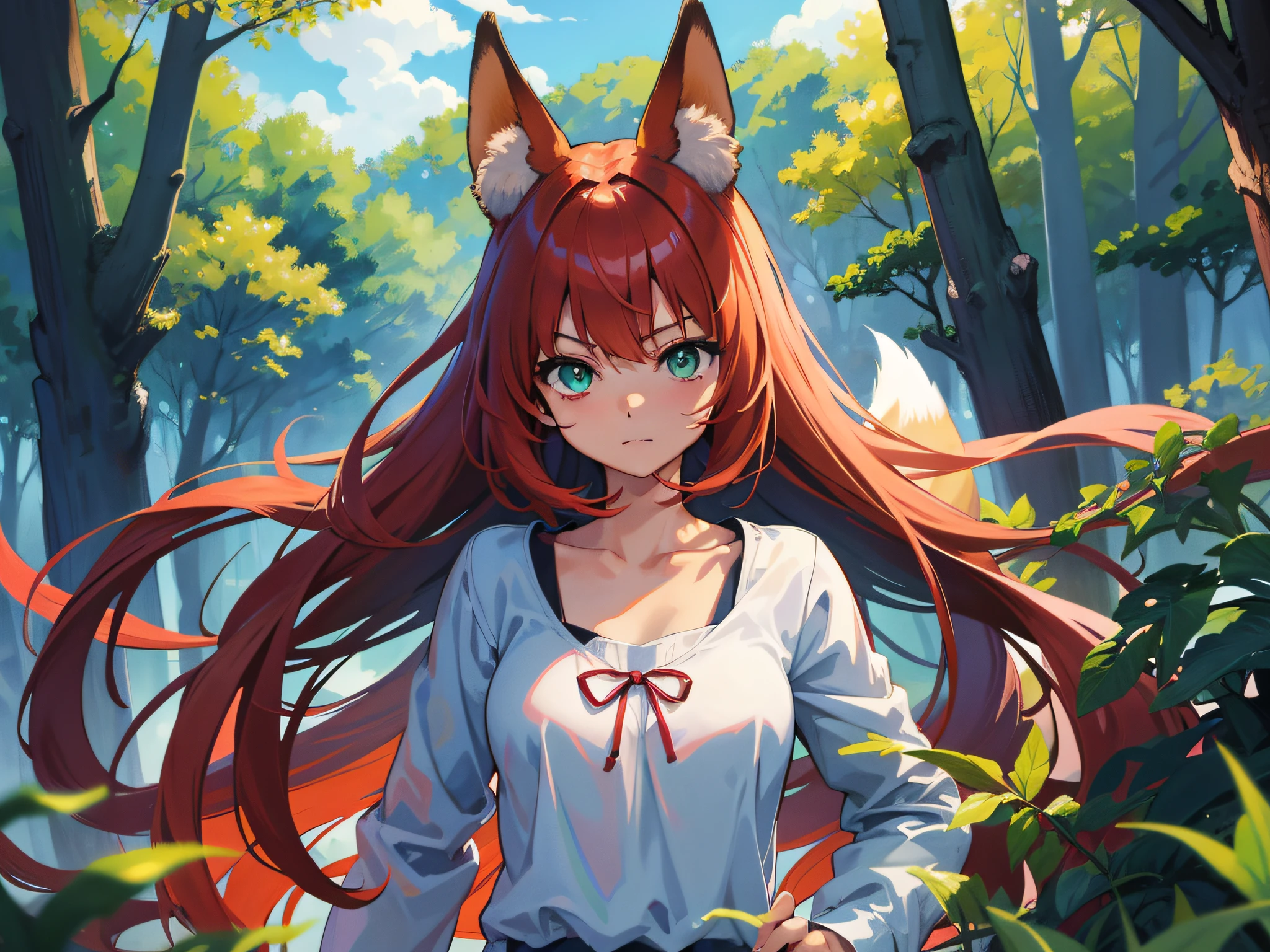 (best-quality:0.8), (best-quality:0.8), perfect anime illustration, anatomical correct, anatomical correct hands, anatomical correct arms, anatomical correct legs, masterpiece, highly detailed, perfect face, perfect eyes, anime girl with fox ears and fox tail, red hair, green eyes, happy expressions, looks at camera, stands in the woods, summer, cabin in background, sun in background.