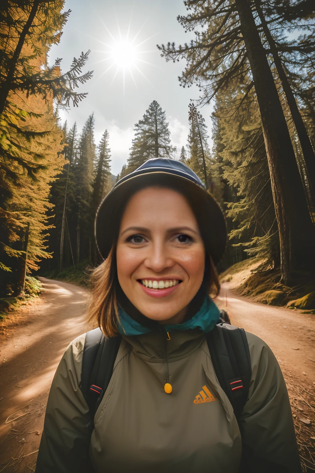 Arafed woman with backpack and hat standing in the forest, Retrato Grande Angular, Retrato Grande Angular, retrato perfeitamente centrado, retrato centrado, head centered portrait, em frente a um fundo de floresta, retrato de alta qualidade, solo hiking in mountains trees, wide angle dynamic portrait, retrato centrado no rosto, smiling at camera, Perfect portrait composition, in front of an amazing forest --auto