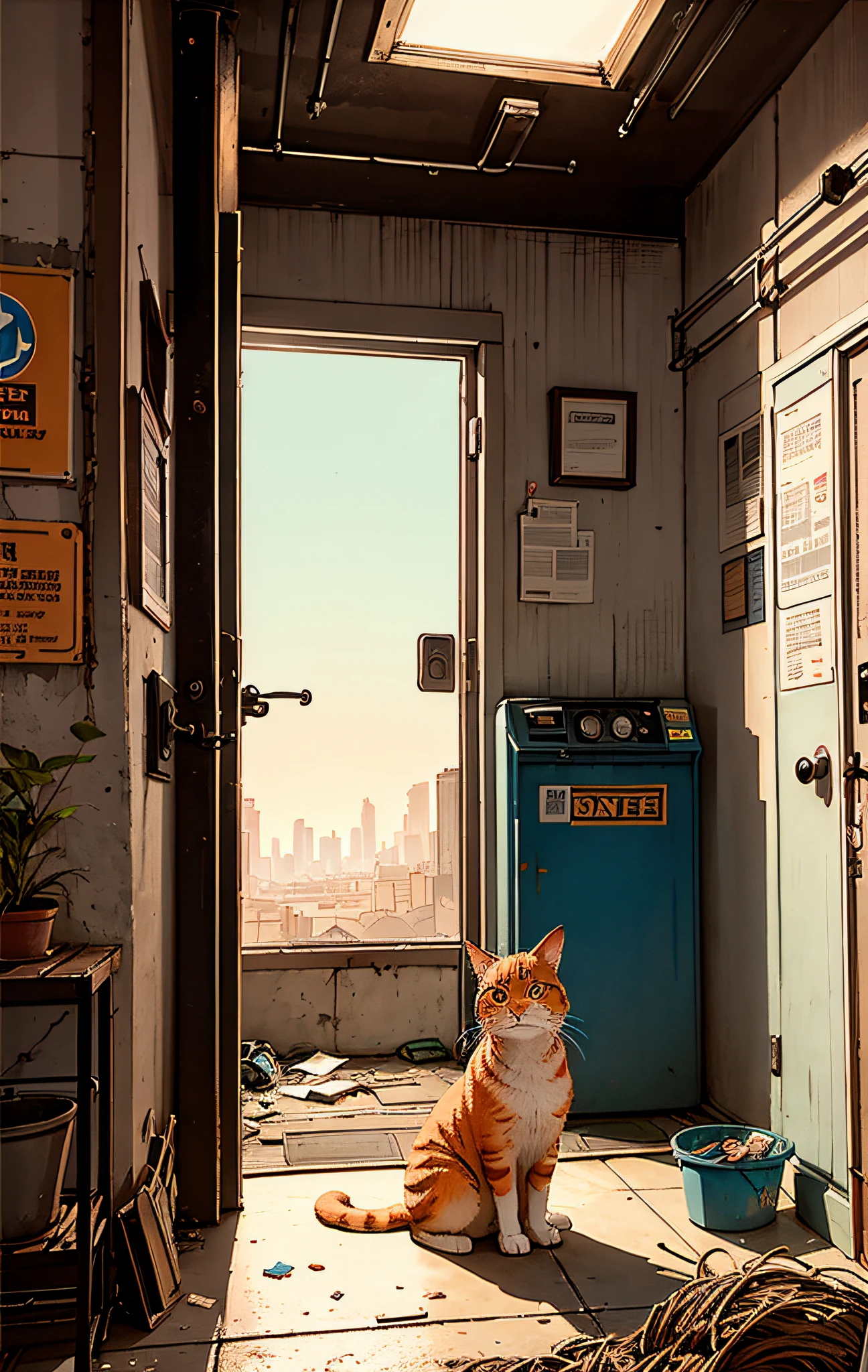 hyperrealistic and very detailed illustration of a nice orange cat sitting (small) in an abandoned room with large windows where you can see the outside, point of view from the outside, image very loaded with objects, point of view from below, dirty cement stairs with cracks, green wastebasket, metal signs, seats, cables, pole, pastel blue telephone booth, rusty guardrails, pipes, pipes in the walls, electric meter, gray and dark walls, empty boxes, old papers on the floor, damaged wall paint, some garbage on the floor, red bricks, metal and rusty scrap, machine parts (rusty, brown), very detailed advertisements on the neon wall, spotlights on the sides (very radiant blue light), Artificial and sterile environment, reddish sunset, dusty day, desert scenery, orange sun in the sky