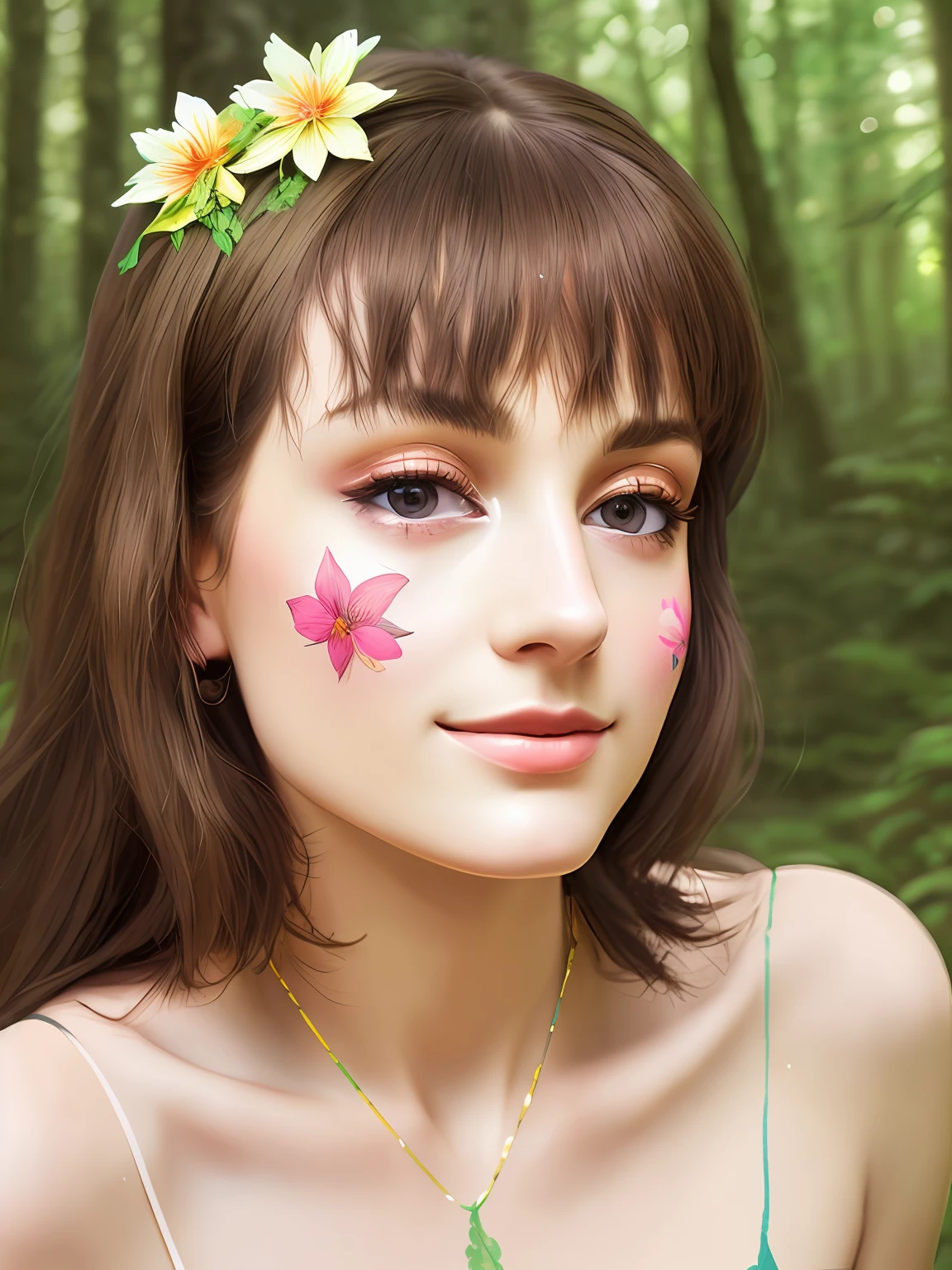 very detailed and delicate illustration of a brunette muse in a forest, (focus on face) painting in the style of Rubens, art nouveau, brush strukes, (cracked paint), (canvas texture:1.1), spring colors, blooms, zoomed, whimsical, high detail, 32k resolution, best quality