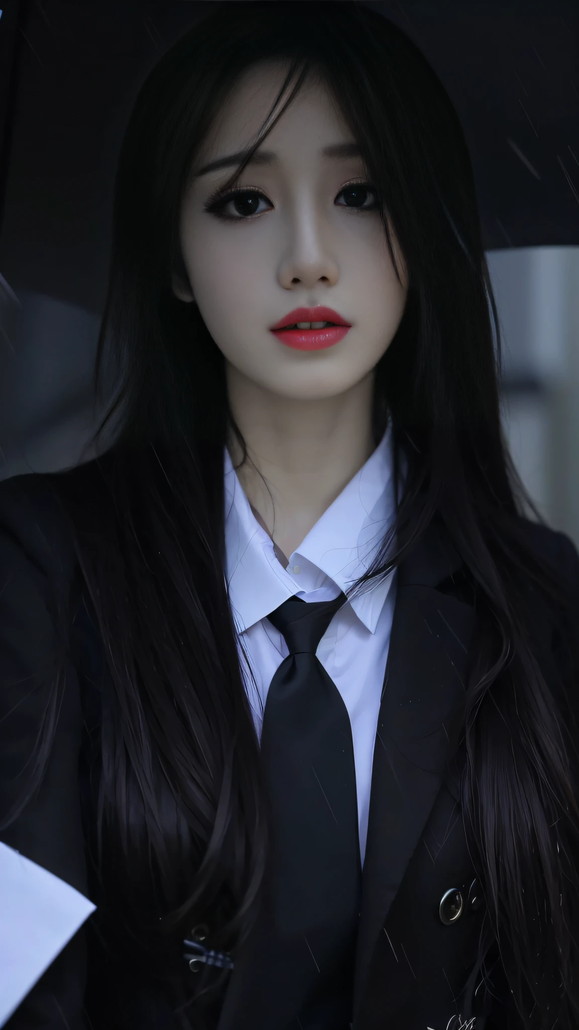 There was a woman in a suit and tie holding an umbrella, cruel korean goth girl, ulzzangs, with long hair and piercing eyes, Girl with black hair, Korean girl, Mysterious girl, She has black hair，By bangs, She has black hair, Anime girl in real life, sui ishida with black hair, With long black hair, Photorealistic anime