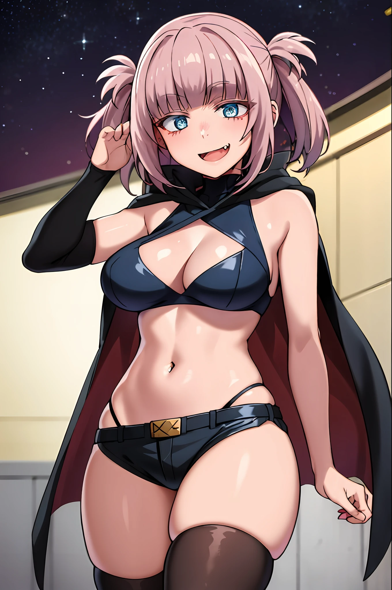 best quality, (masterpiece:1.2), highly detailed,
yofukashi background, street, starry sky,
1girl, solo,
nanakusa nazusa, 
standing, looking at the viewer, open mouth, slight smile, fang,
blue eyes, pink hair, hair rings, 
black cape, sleeveless turtleneck, cleavage cutout, navel, black shorts, black thighhighs, big breasts, thick thighs