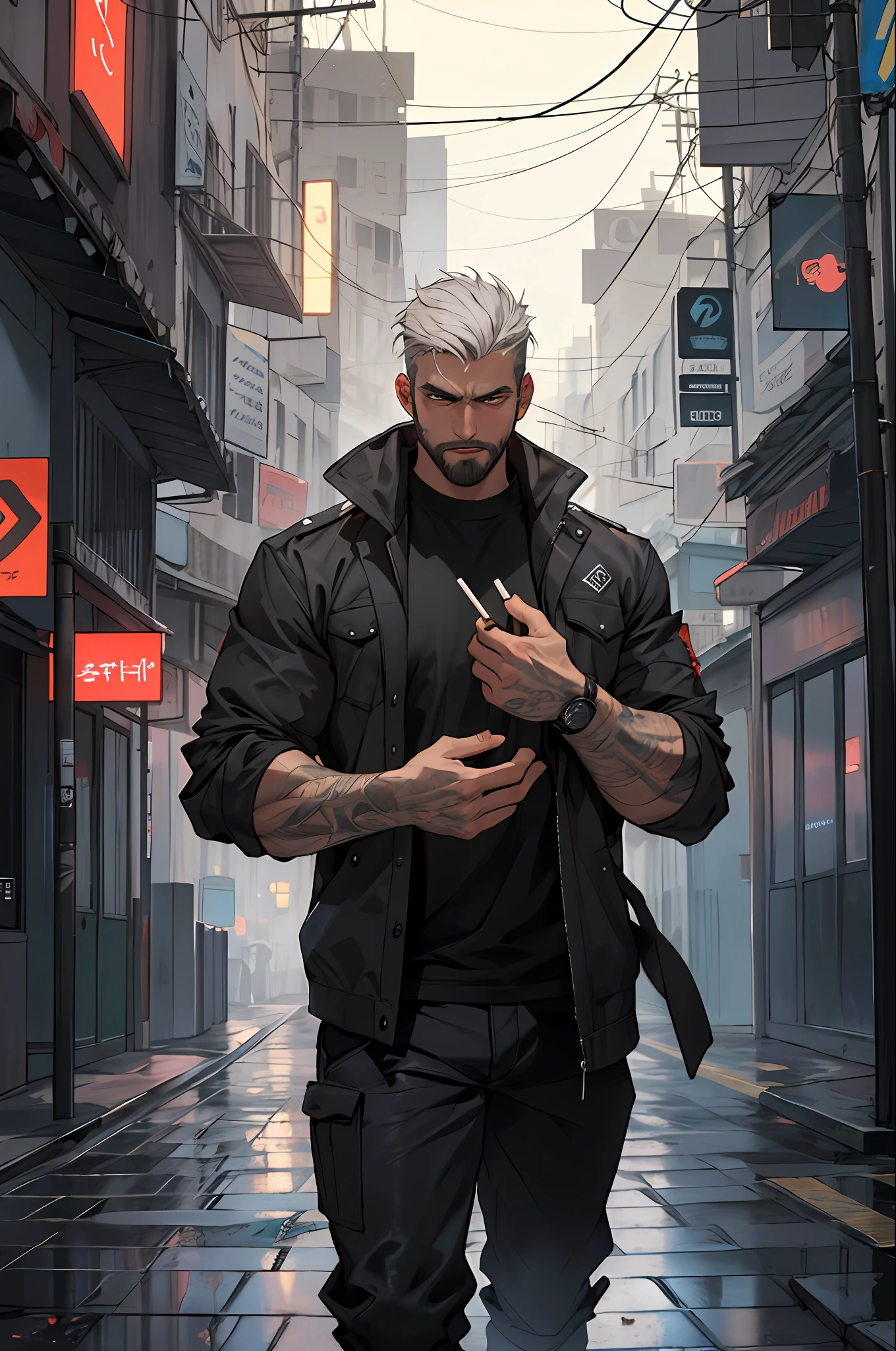 1 homem, obra-prima, melhor qualidade, muita dor nos olhos, raiva cabelos negros curtos, barba, plano de fundo chuva, solo, corpo inteiro, fumando, cigarro na boca, tempestade, wet floor, morador de ruas, pack of cigarettes, fumando, sofrimento dor, expression of pain, homem musculoso, beco escuro, sangue, neblina, casaco, beco, escuro, luz da lua, eight heads tall, escuro, homem