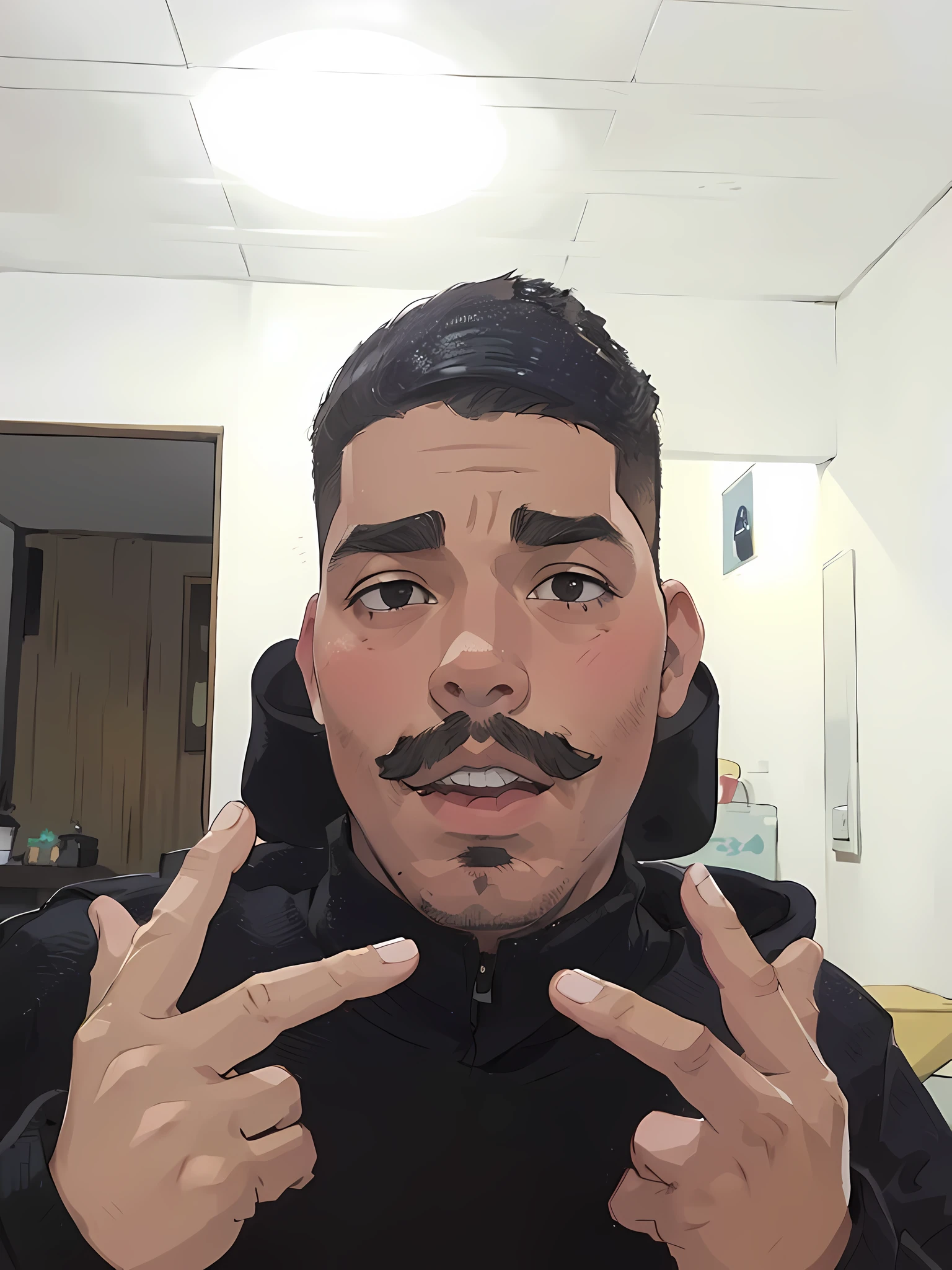There is a man making a peace sign with his fingers, Unibrow, Streamer do Twitch / Jogador Ludwig, restolho raspado, com bigode aparado, Ronaldo Nazario, 2 7 anos, 2 8 anos, no facial features, Foto realista, tiny thin mustache, 2 3 anos