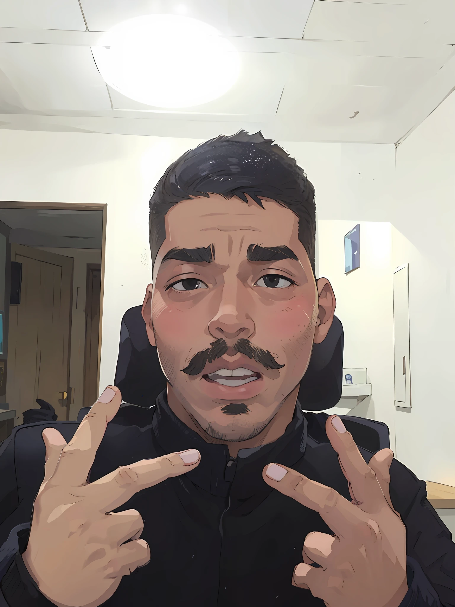 There is a man making a peace sign with his fingers, Unibrow, Streamer do Twitch / Jogador Ludwig, restolho raspado, com bigode aparado, Ronaldo Nazario, 2 7 anos, 2 8 anos, no facial features, Foto realista, tiny thin mustache, 2 3 anos