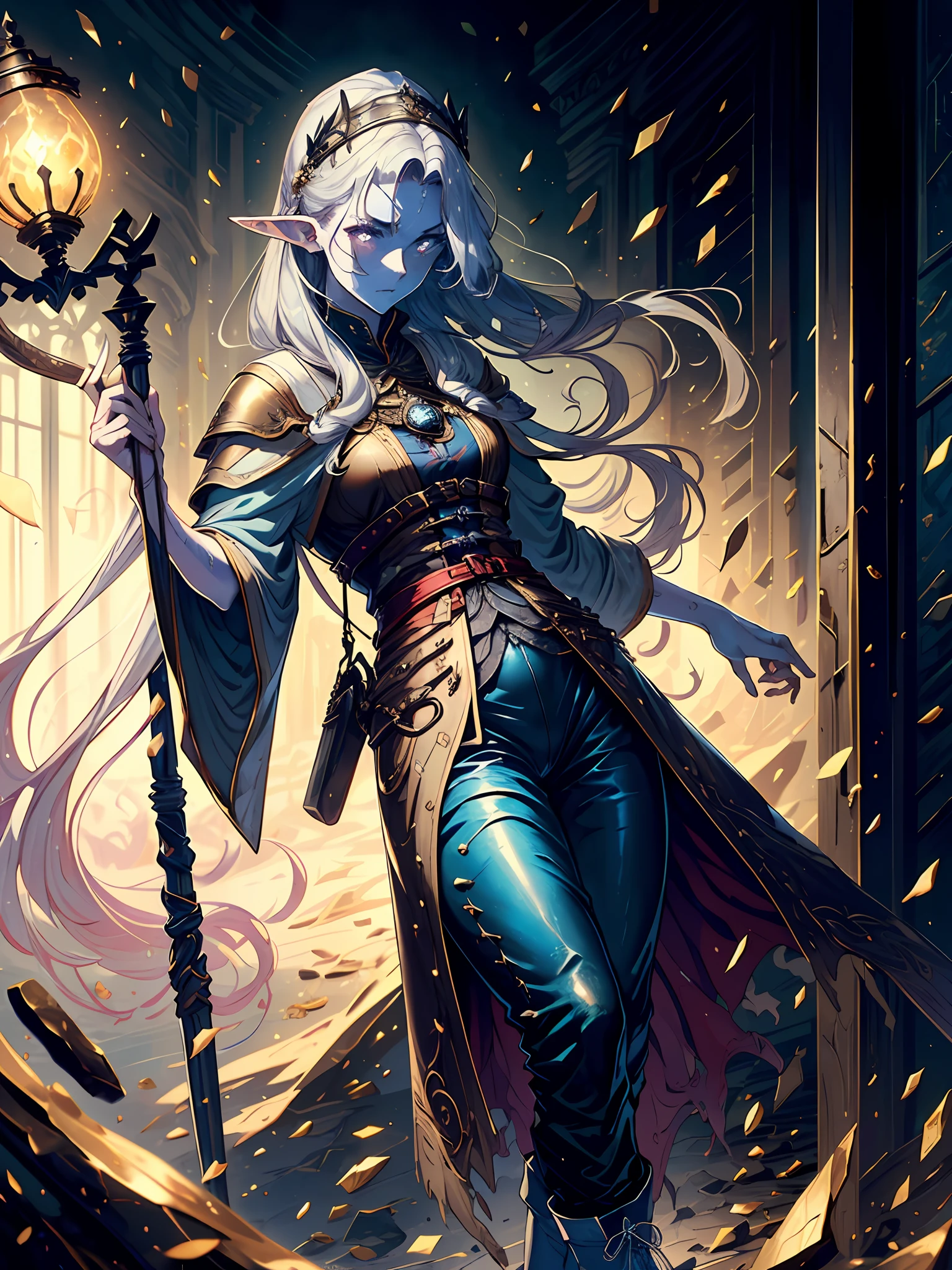(1woman, solo:1.2), young, fantasy,high quality, high res,intricate details, intricate hair details ,(beautiful detailed eyes:1.3),(beautiful detailed background:1),depth of field,(elf:1.3), (pale skin, white skin color:1.75), (light-blue hair, long hair:1.3),fine detailed hair, (white dress, long dress, viking dress with leg slits:1.7), (detailed blue and red broidery : 1.6),(black leather pants :1.5), (tigh-high boots :1.5), vibrant blue eyes, (emotionless,tired:1.2), (holding magic staff, standing: 1.2),(fragile, visible veins, sickly, thin:1.6),(golden fantasy mage tiara:1.3), full color,dynamic, looking at viewer, ultra-detailed, baroque oil painting. sharp focus,(8k), (4k), fantasy, extremely detailed, intricate, hyper detailed, (perfect face), illustration,soft lighting, (specular lighting:1.2), (shiny:1.2), (Oil highlights:1.2),(widow peak:1.3),,village background, detailed background