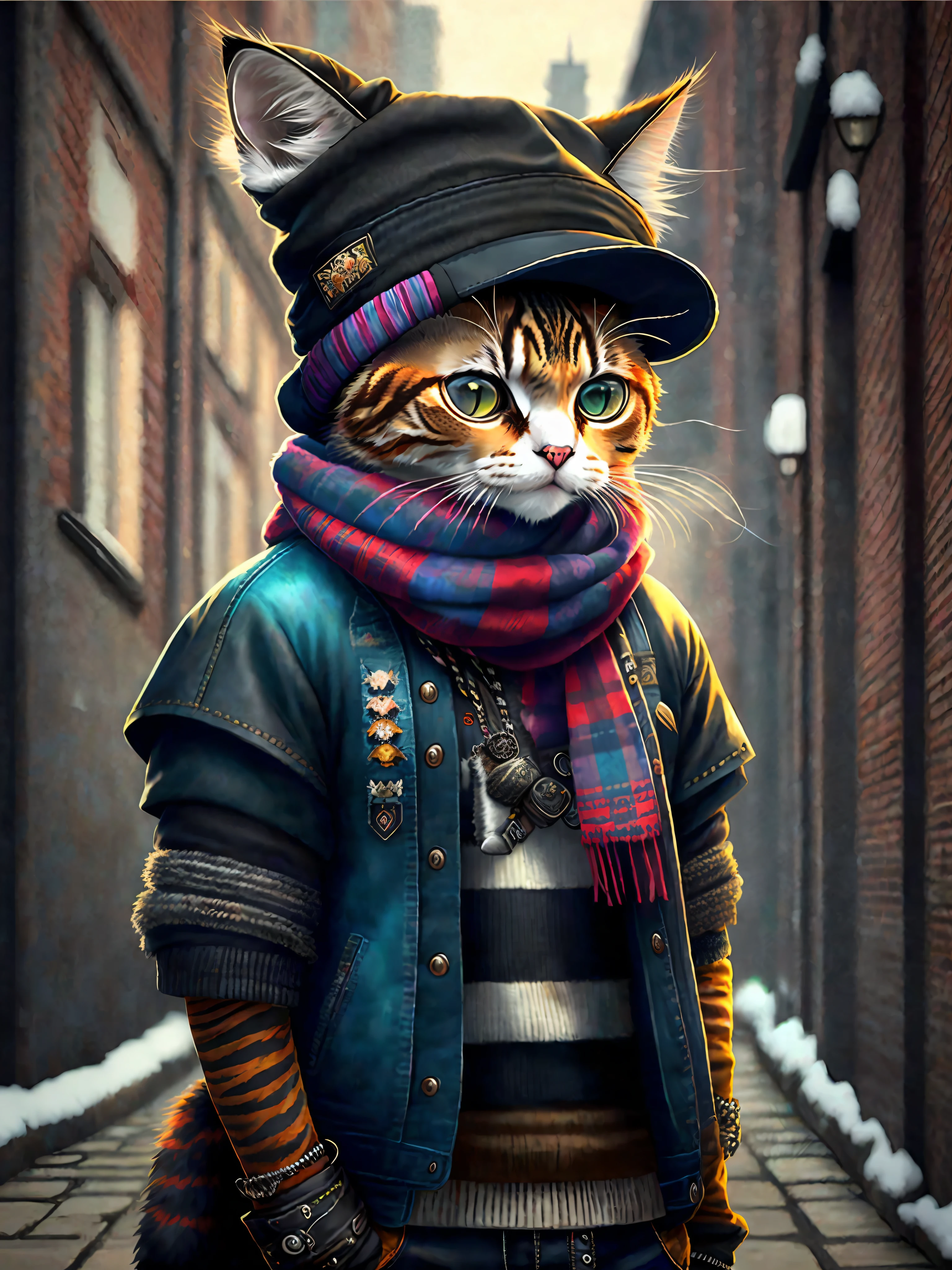 picture of a cat in a hat and scarf, art station trend, dressed in punk clothes, hyper realistic detailed rendering, british gang member, urban style, intimidating pose, planet of cats, fashion clothes, urban samurai, meow, west slavic traits, 8 1 5