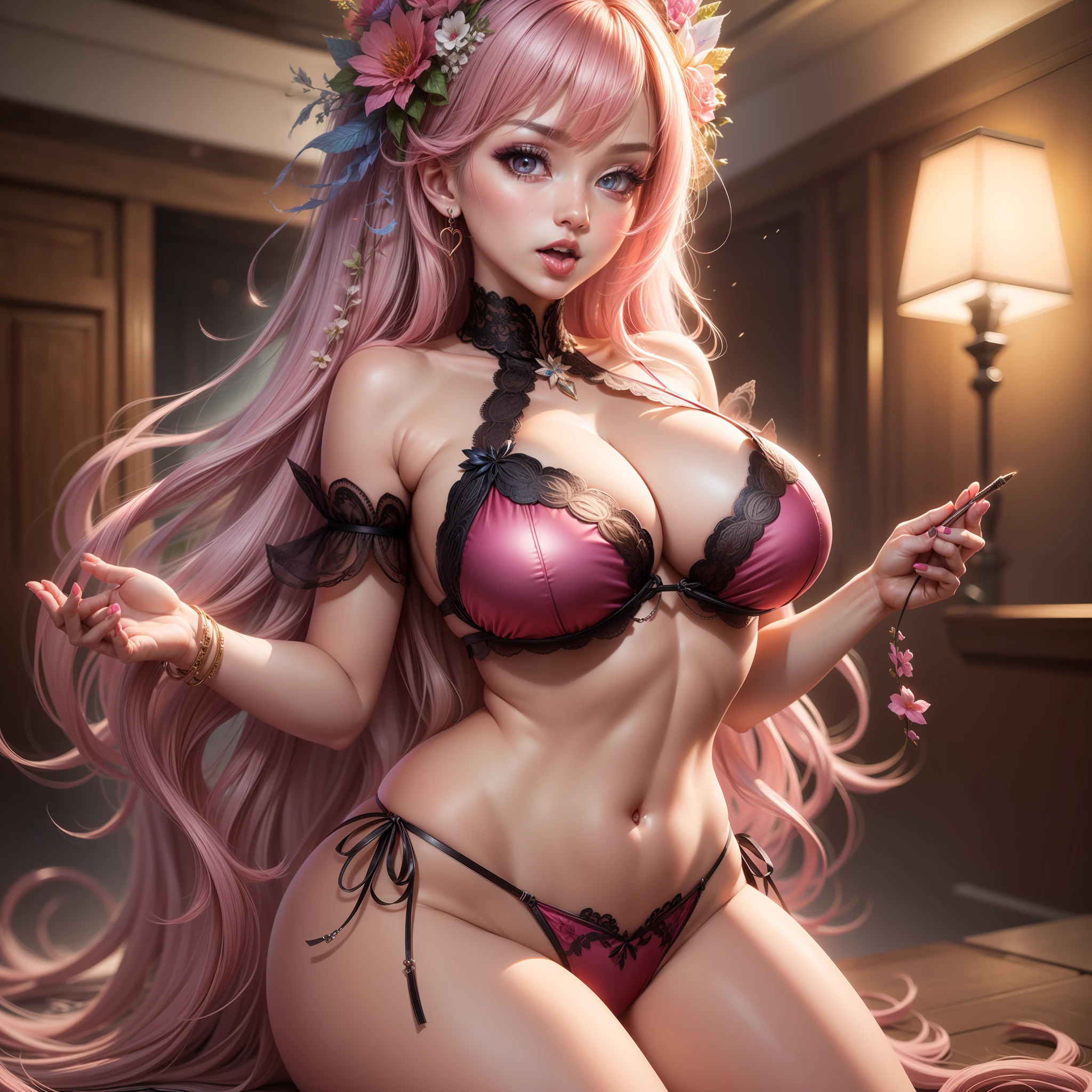 Best quality,Amazing,Masterpiece,Delicate,超高分辨率,Ultra detailed,intricately details,Beautiful detailed,8K resolution,(Extremely detailed Cg Unity 8K wallpaper),Sharp focus,((No text)),breast conscious,gigantic cleavage breasts,Areola Slip,Covered,Bursting breasts,Lively breasts,framed breasts,Miniature bikinis with high transparency and transparency,Tongue stock,Makeup,Happy,Reflectors,ahegao,Pink eyes,Heart earrings,1girll,Solo,Female pervert,view the viewer,hair flower,Long hair,multicolored hair,Shiny hair,Barefoot,Bottomless,Thick thighs,Bare legs,