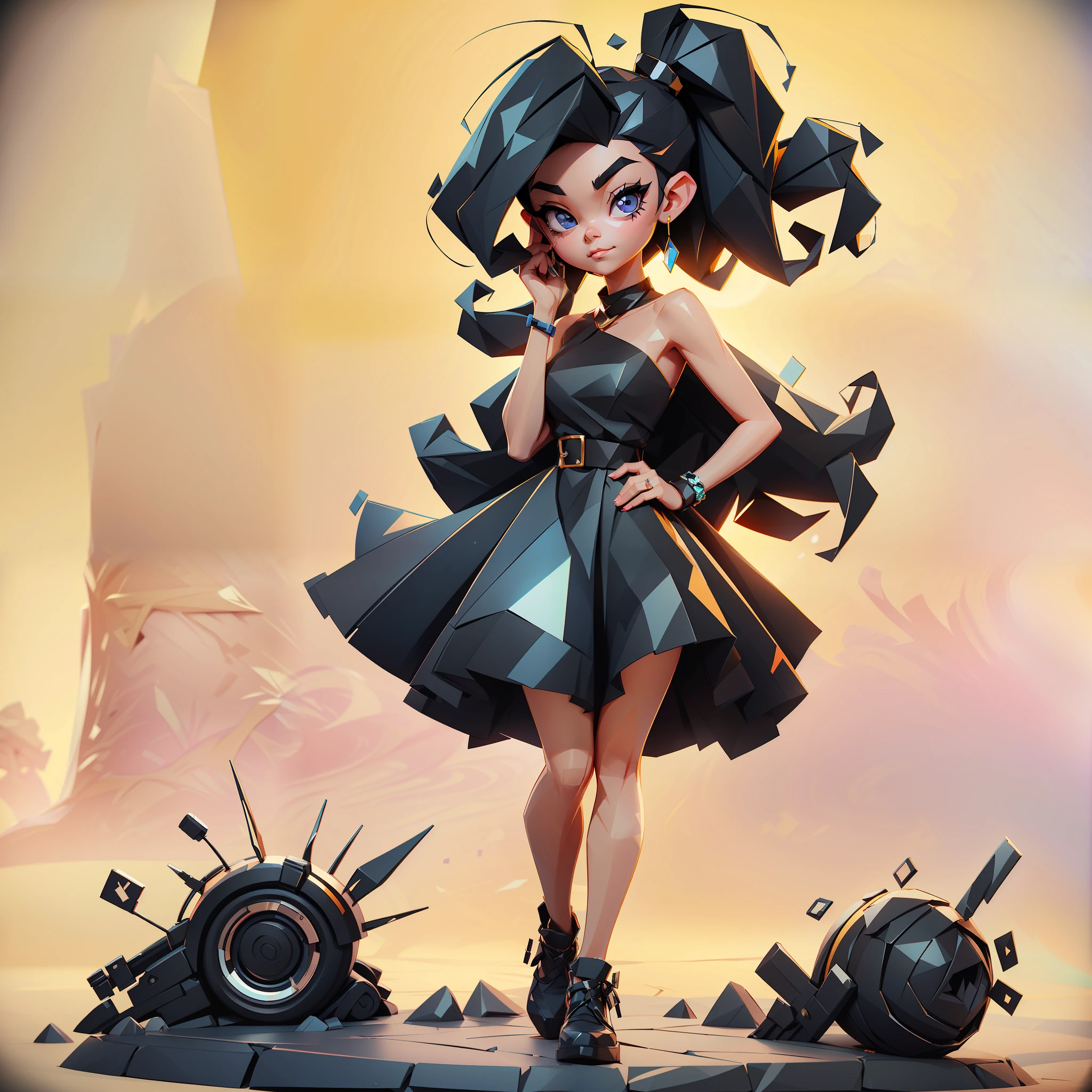"19 years old" girl ("Sarah Hyland") wearing simple casual black dress, shoulder length straight black hair, flushed cheeks, full body, 3d lowpoly style, low poly, ps1 game style, sharpen focus, UHD, high details, best quality, highres, 8k