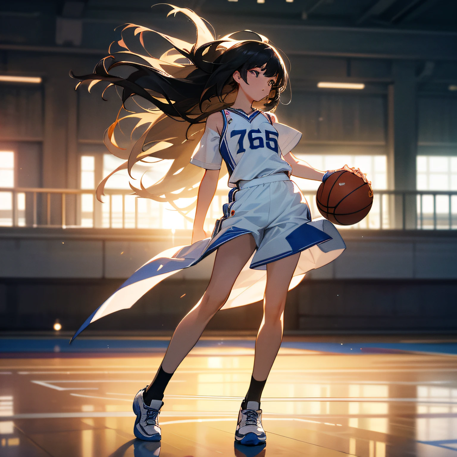 (8k, Best Quality, Masterpiece: 1.2), (Realistic, Realistic: 1.37), Ultra Detailed, Best Quality, Ultra High Resolution, Professional Lighting, Photon Mapping, Radiosity, Physically Based Rendering, Cinematic Lighting, Basketball court, depth of field, clear focus, sunlight, good composition, (bokeh: 1.2) 1girl, solo, (full body), (closed mouth), beautiful and detailed eyes, pose, narrow waist, basketball uniform, black hair , messy hair, long hair blowing in the wind, (ulzzang-6500:1.2) mix4, hiqcgbody --auto