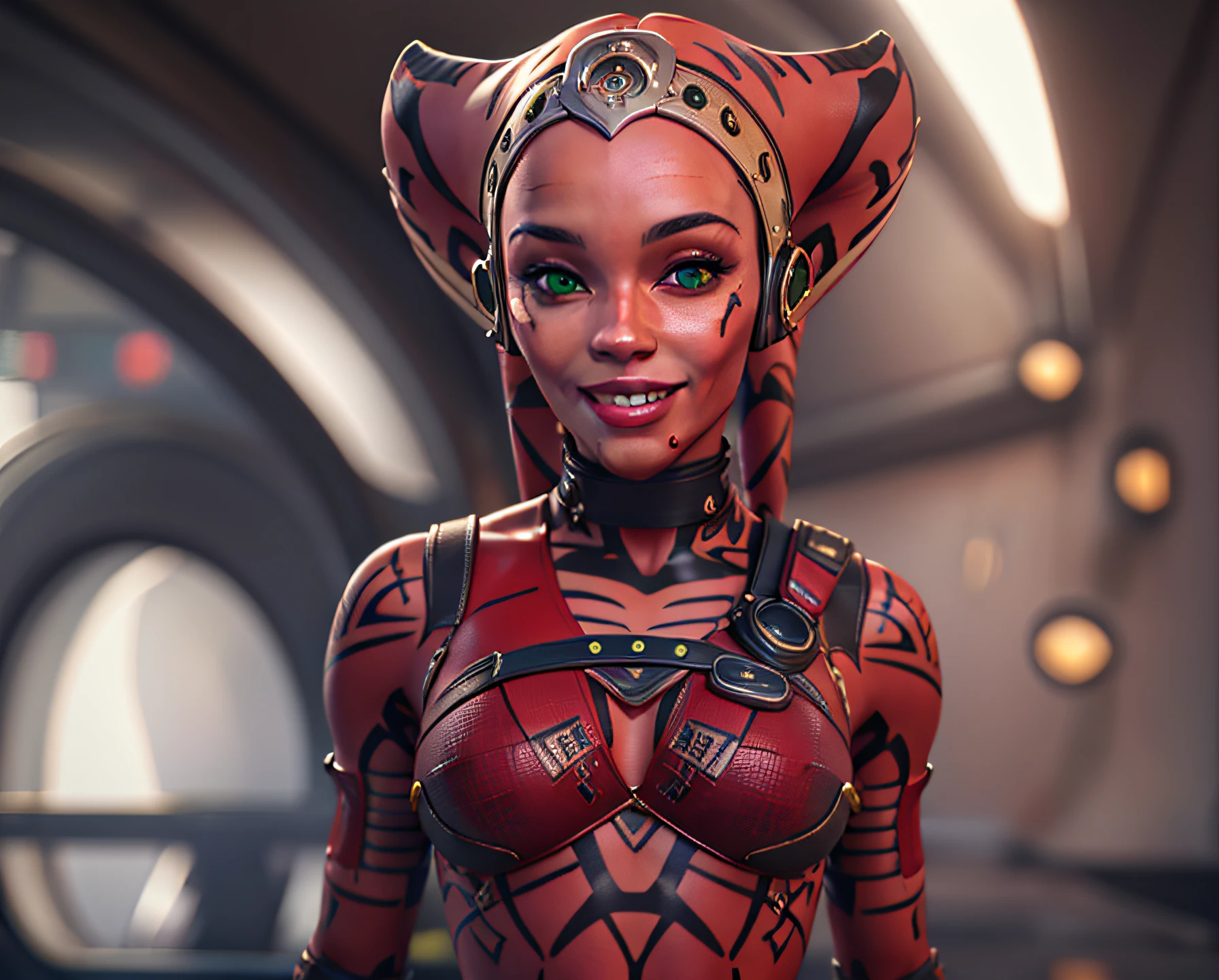 make realistic graphic, 3d, red skin, green eyes, twi'lek, female, twi'lek LoRA, look front, smiling, smile