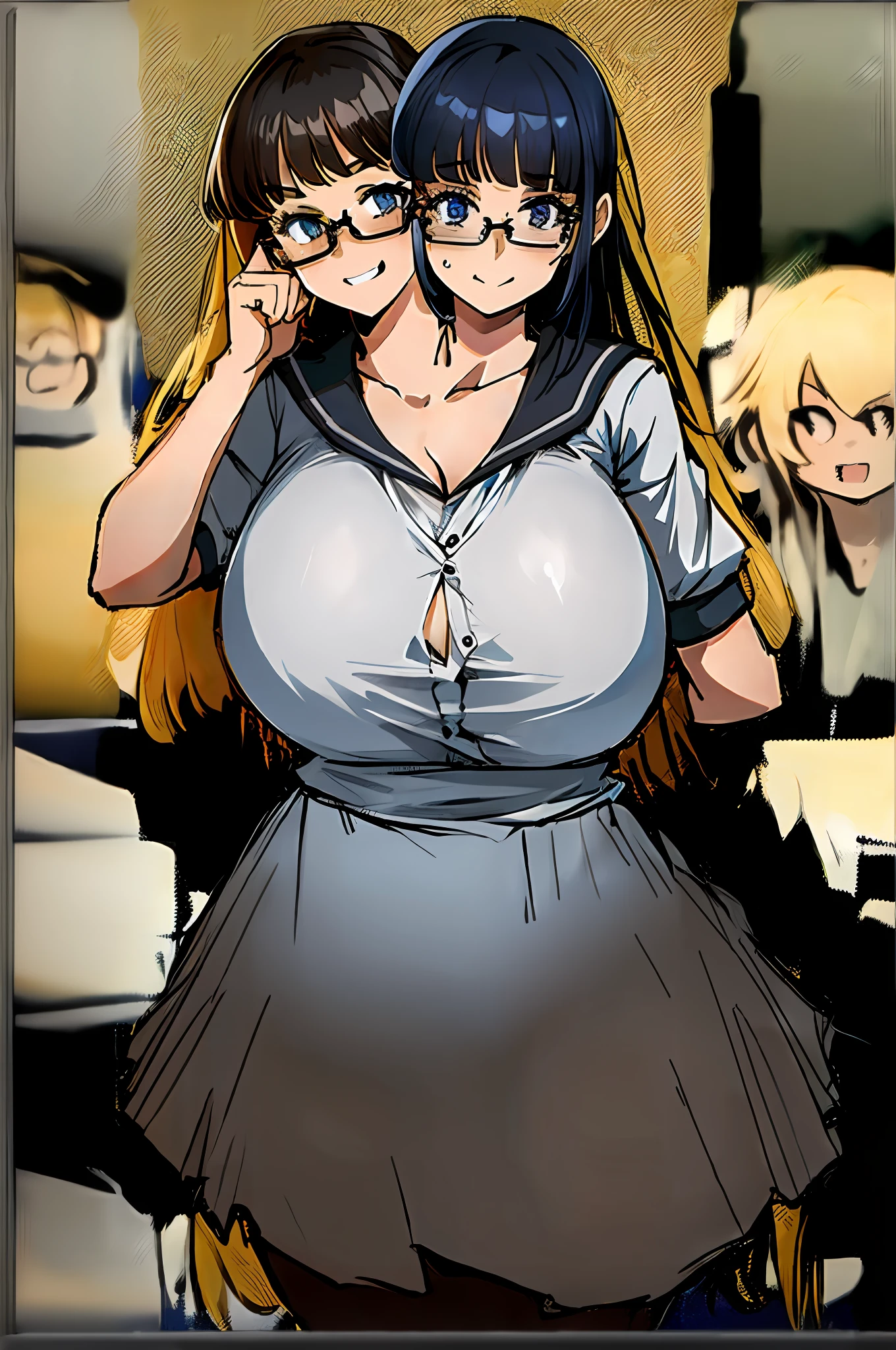 2heads, a short chubby woman with 2 heads. She has gigantic breasts. She looks very nerdy. She has frizzy hair. She is wearing a schoolgirl outfit. Her enormous breasts are nearly causing the outfit to rip. She is embarrassed. Her breasts are massive.