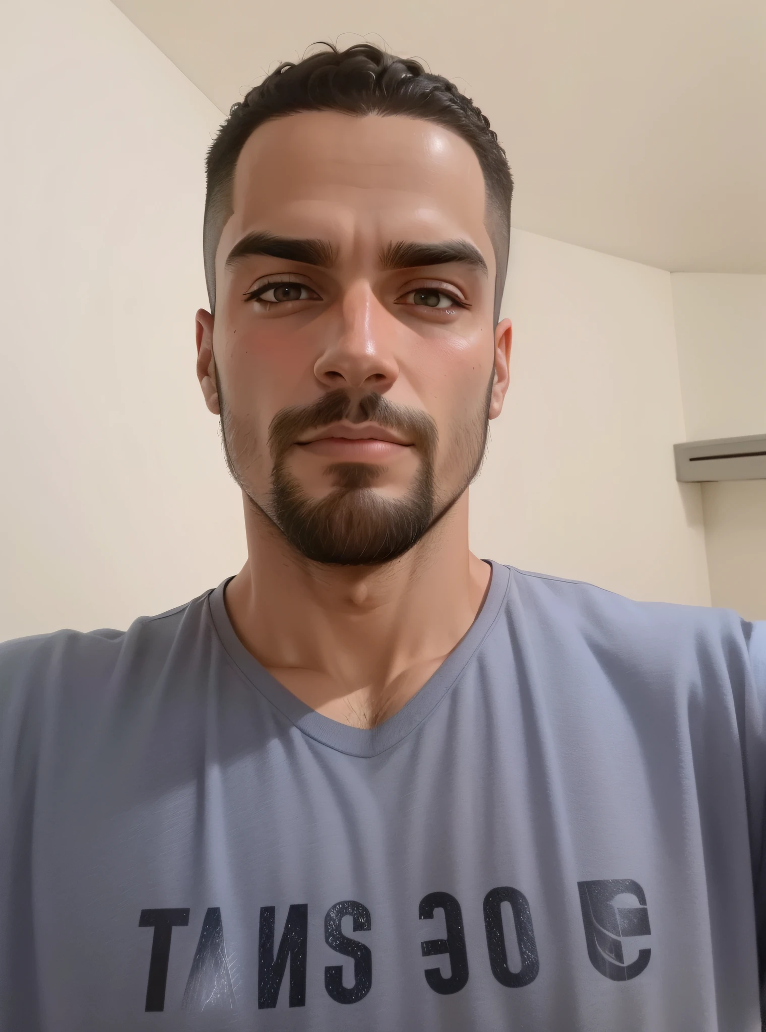 um close up de um homem com barba, cabelo cacheado, com corte taper fade camisa do Barcelona,Foto do perfil , taken in early 2023, , imagem frontal, cor da pele parda olhos castanhos escuro