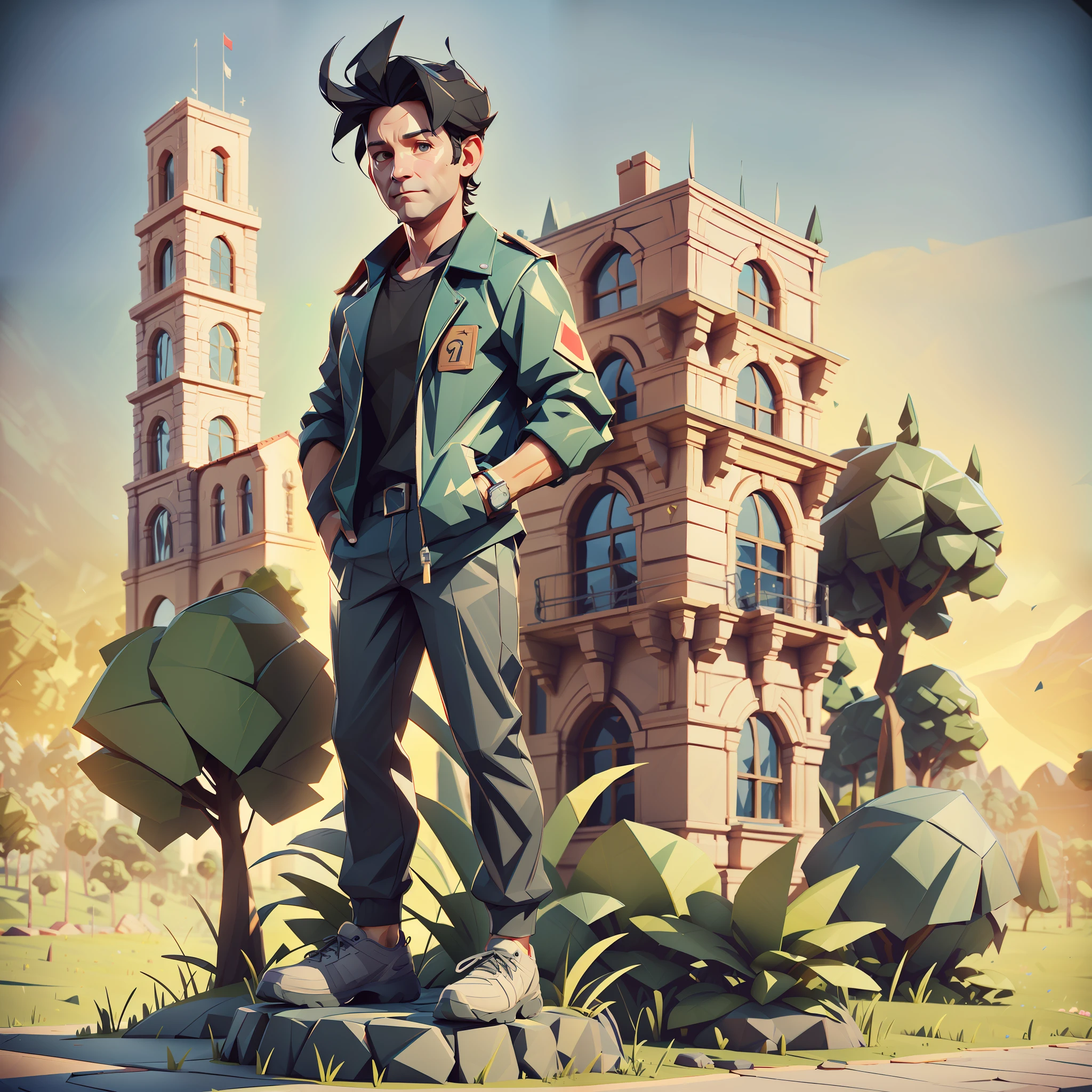 "47 years old" man ("Paul Rudd") wearing simple casual clothes, black hair, full body, 3d lowpoly style, low poly, ps1 game style, UHD, high details, best quality, highres, 8k