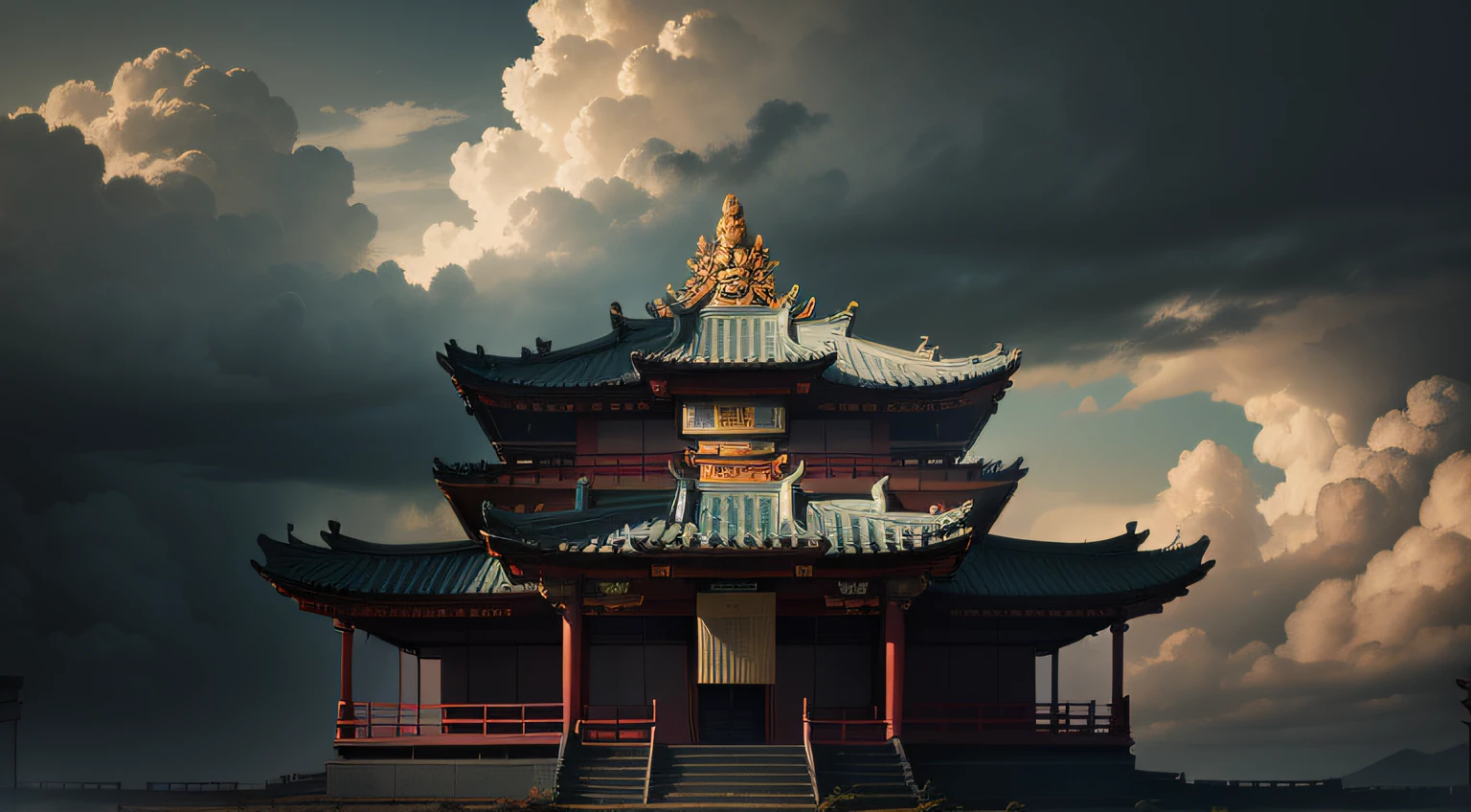 Chinese temple with divine clouds and dramatic light