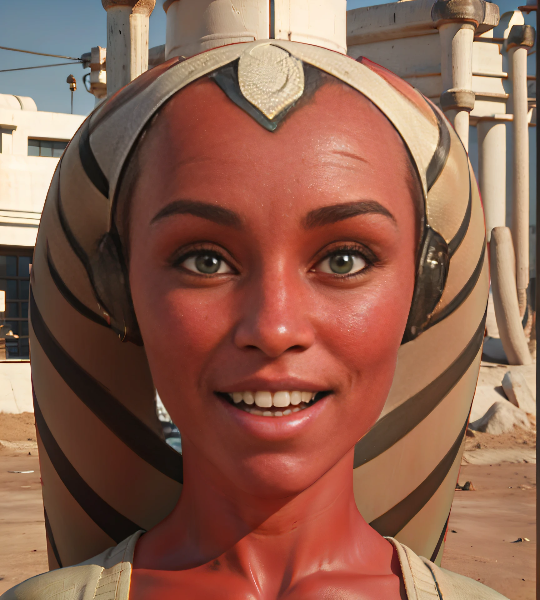 make realistic graphic, 3d, red skin, green eyes, twi'lek, female, twi'lek LoRA, look front, smiling, smile, make red skin