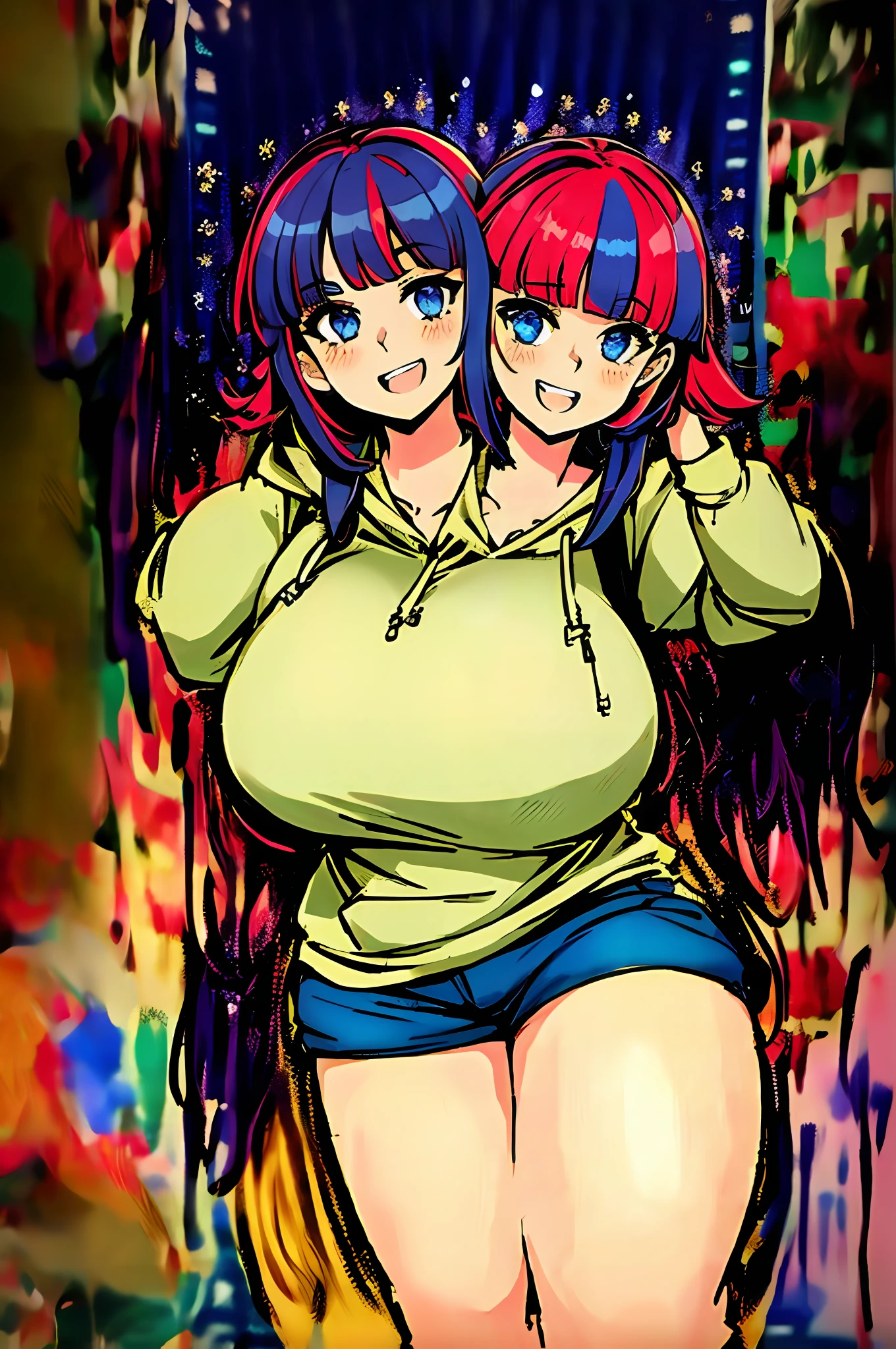 2heads, a very short chubby woman with 2 heads. She has enormous breasts. She has a playful personality. She looks spunky. She is very short. Her breasts are immense. She is wearing a hoodie and shorts. She has gigantic breasts. She has a colorful outfit.