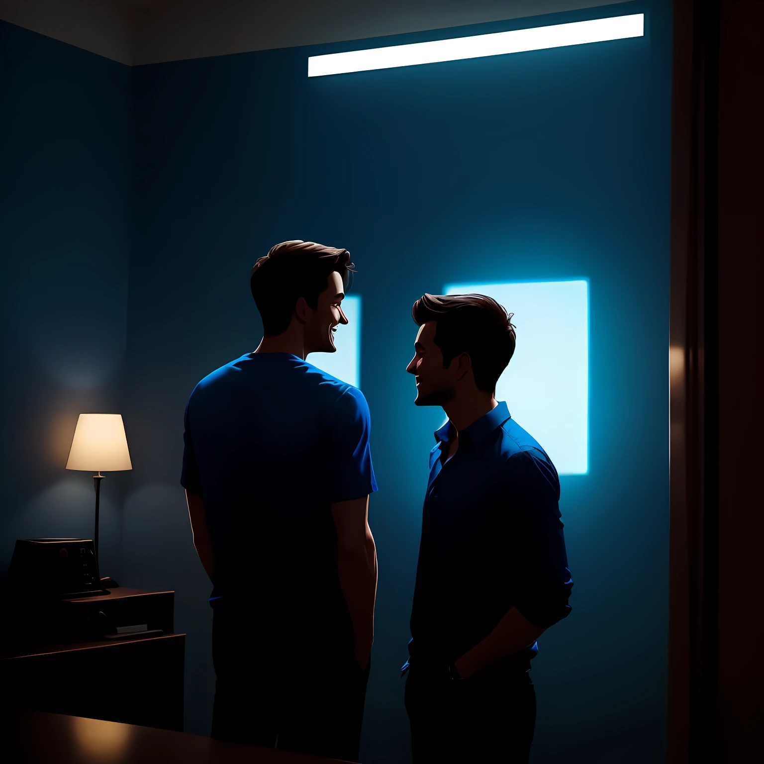 just a guy in a blue shirt, smiling, and the silhouette of someone else. person socializing, talking animatedly with another. I'm in a room. --auto