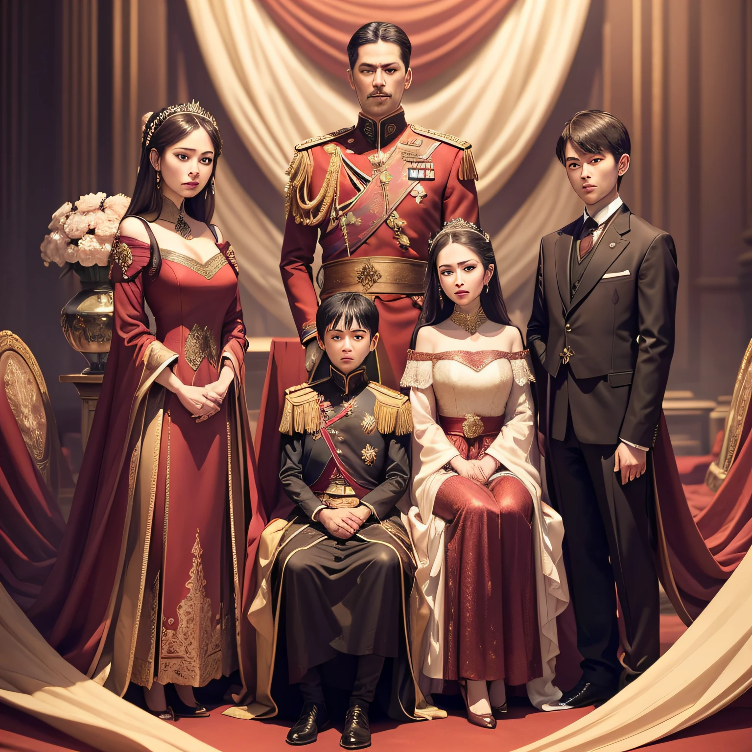 Imagine a scene where the imperial family is posing for an official portrait. Everyone is dressed in their best evening gowns and positioned in front of an elaborate backdrop, with the emperor and empress sitting in the center and their children and grandchildren standing around them.