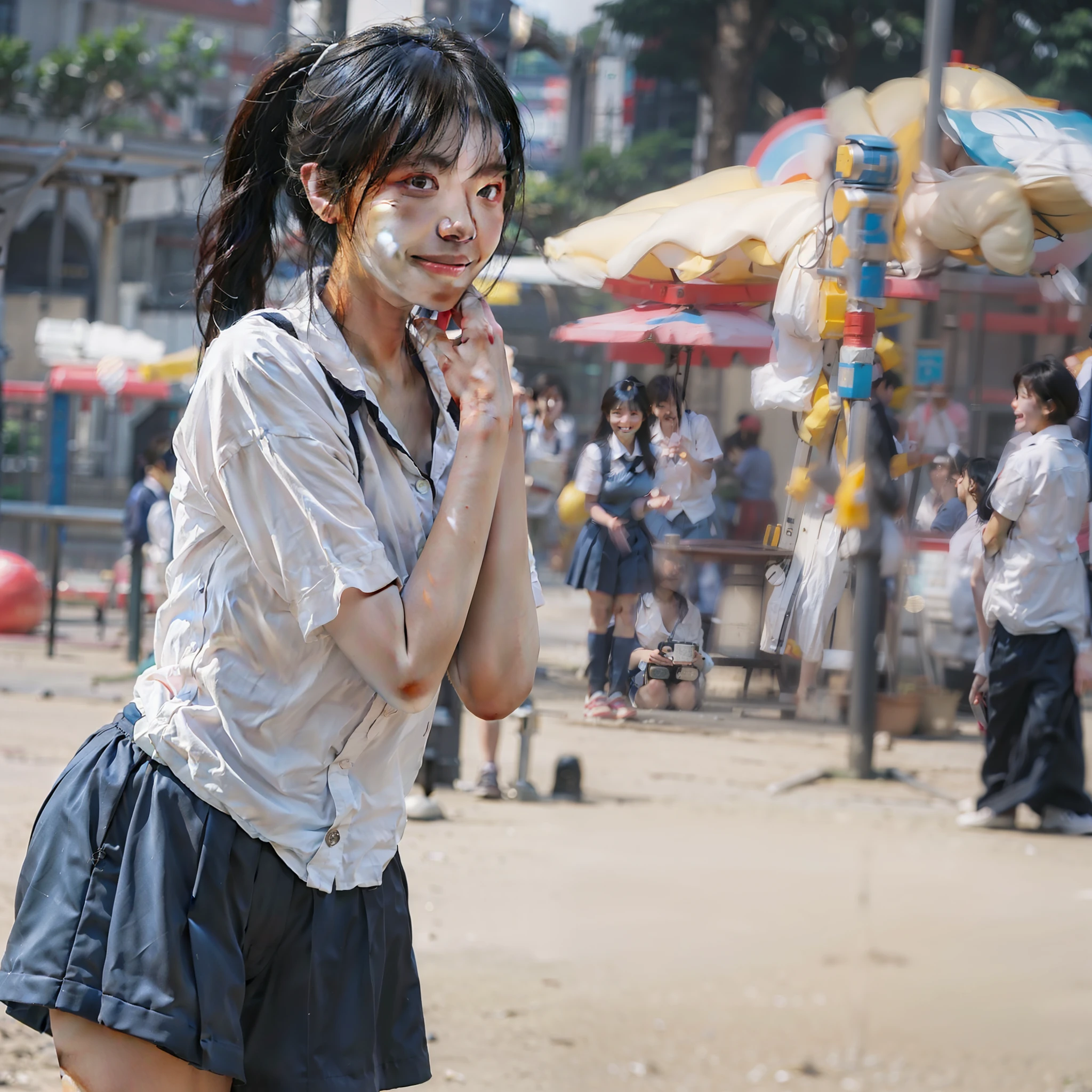 A girl, on the playground after school, ((fully visible)), away from the spectators. She is a beautiful, pretty, cute, cute, young, teenager. She is slim, slender, petite, thin, (big breasts), (big breasts), (big breasts). She was sweaty, wet, and drenched. The clothes are transparent, there is sweat on the skin, and the hair is wet. She grinned and smiled. She looks natural, relaxed and unpretentious. Scheming face. Make faces. (sticking out his tongue), telling a secret, hiding a secret, shyness, excitement. She stared at the audience. She wears a black ponytail. She wore a school uniform, a rolled up white shirt with a blue collar, a colored corduroy sports bra under the shirt, blue shorts, and two layers. Shirt lift,. Camera focused on her face, light shining on her face, very large aperture, ((f/1.2)), shallow depth of field, strong blur in background lens, ISO 3000, auto white balance, extremely detailed, professional lighting, soft light, raw photos, Uniqlo fashion models, best quality, masterpiece, award-winning photography, huge file size, 8k, high resolution, shot on Sony DSLR.