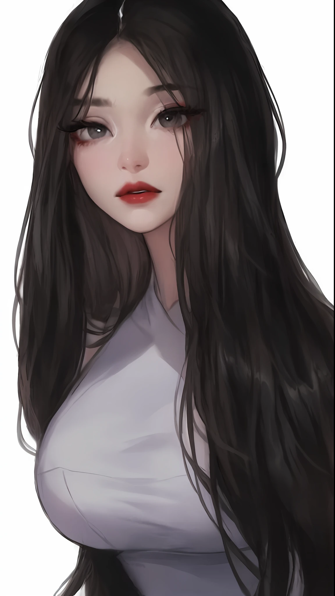 Best quality,  Super fine illustration,White background,1womanl, beautiful long black hair, beautiful gray big striking eyes,beautiful forehead, tear bag, Sagged Eyes, Porcelain-like skin, Blush under the eyes, red tip of the nose, long false eyelashes, Red lips, Glossy lips , Black clothes