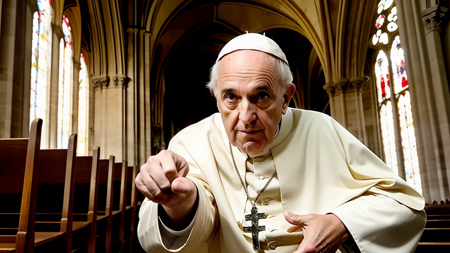 Pope, angry look, in a cathedral, holy clothing, middle finger