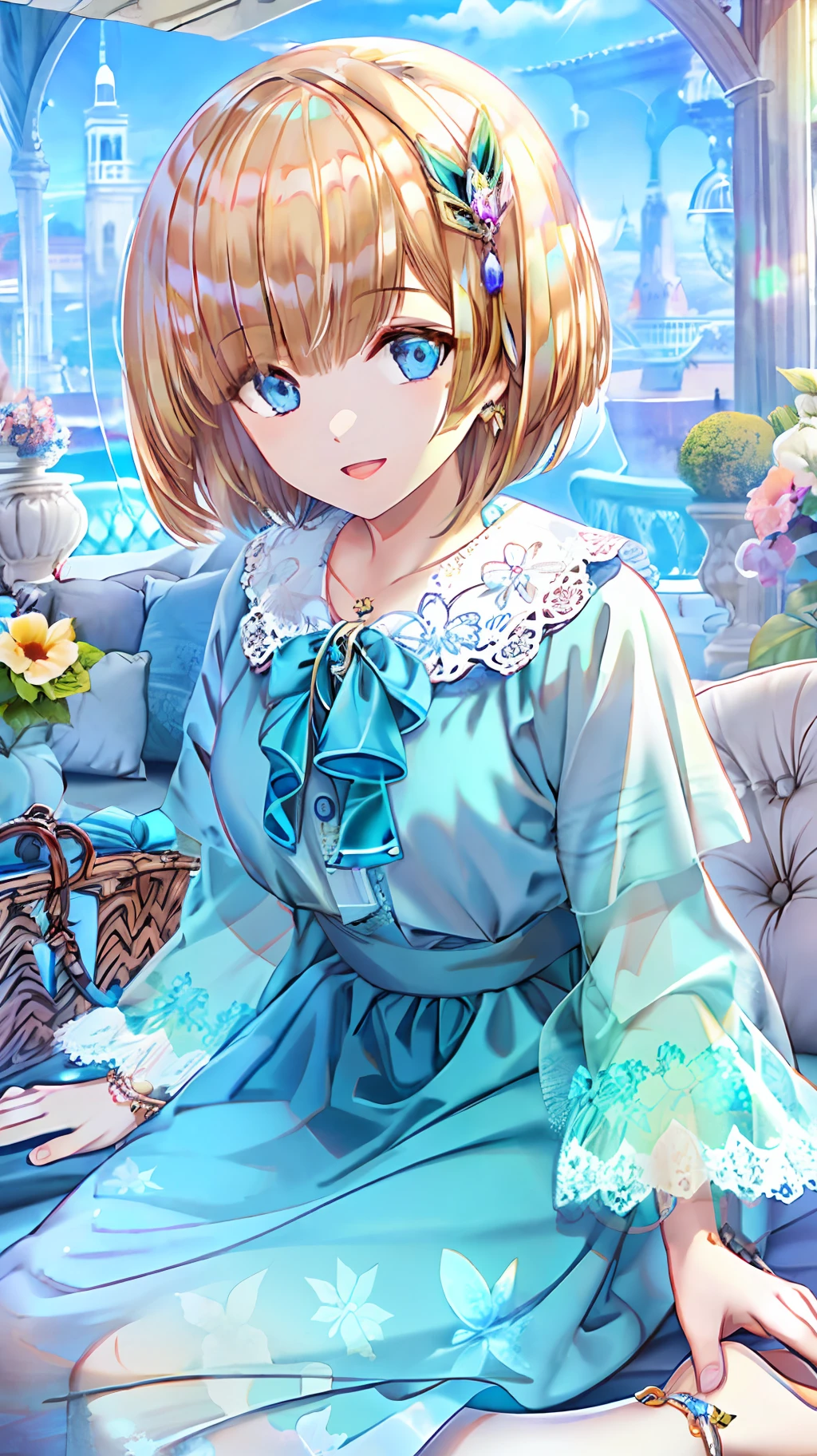 (Best quality),(masterpiece),(ultra detailed),(high detailed),(extremely detailed),Subject: Anime  Illustration, Blonde hair girl, blue eyes, bob cut, smiling, look at viewer