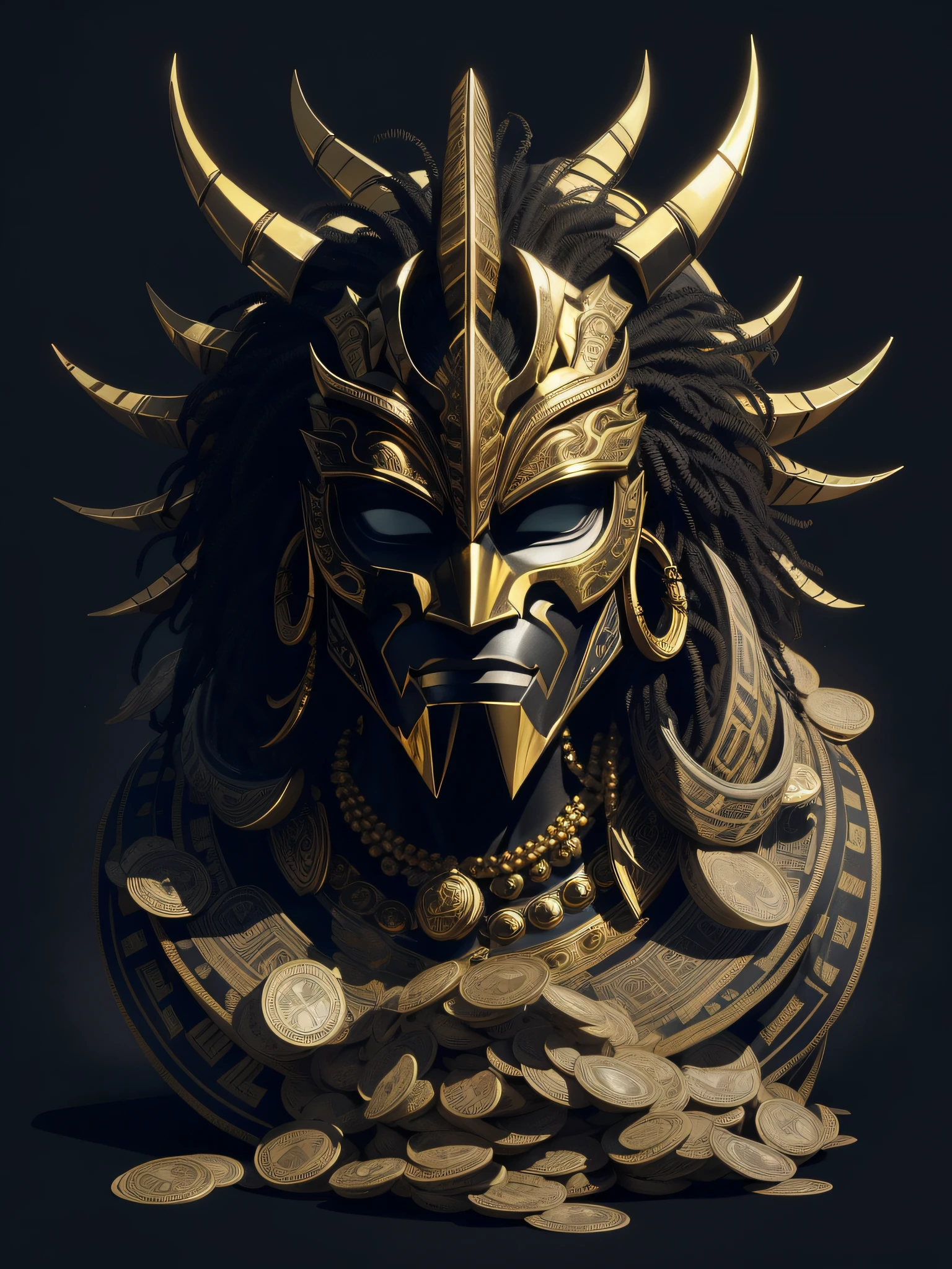 White background Highly detailed gold color aztec mask and pile of cash bill money grunge effect urban style vibe, capricorn sign Highly detail quality contour vector illustration white background, inside de river --auto