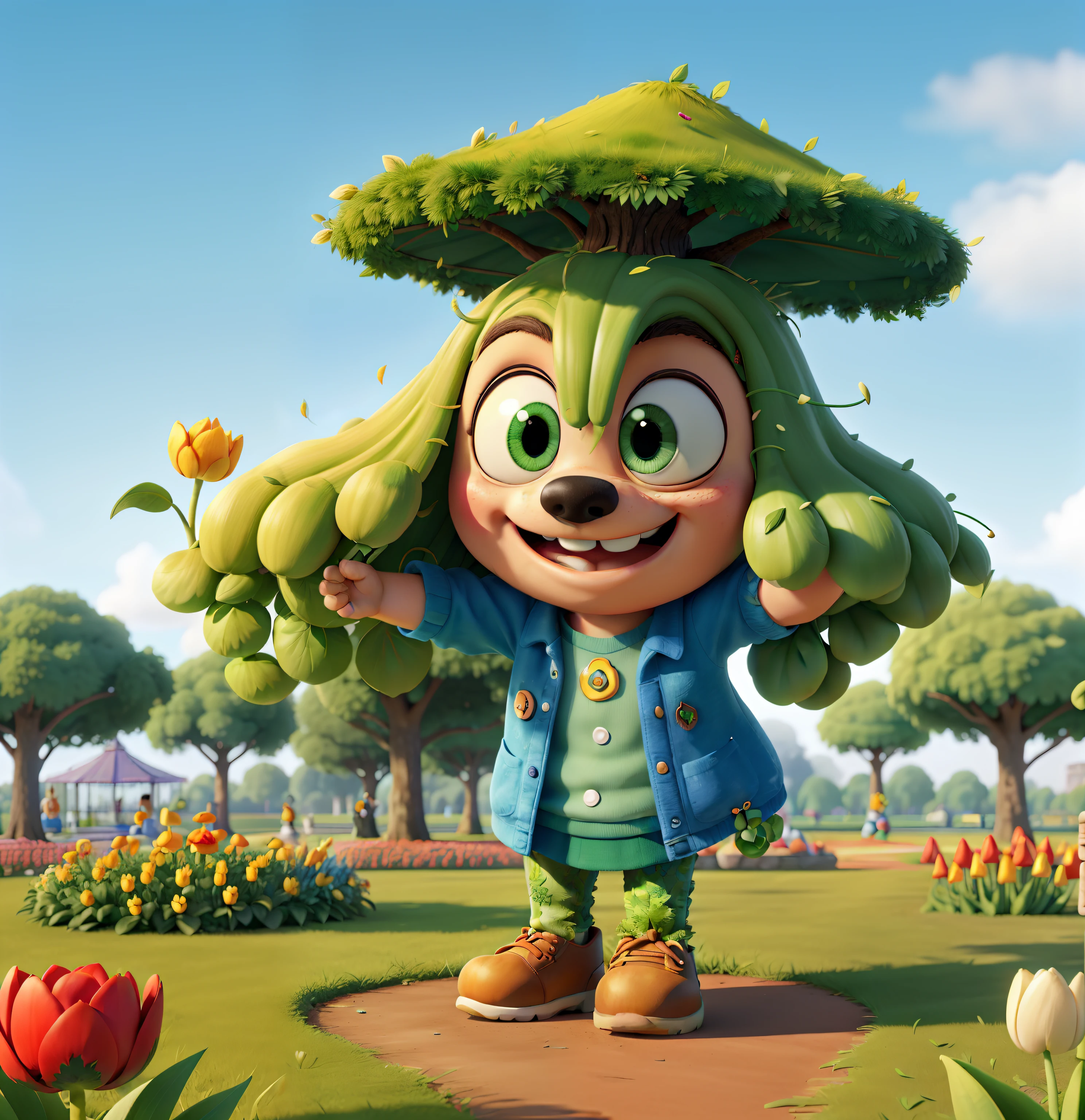 (Cute puppy:1.2), ssmile, Bushy smooth coat、personification, Mushroom cap on the head, rendered:(charicature:1.3,Production Movie, the pose:(Lively:1.2, amusing), modeled:(ultra-quality:1.2,8K,Orthographic view),tulips, blue-sky, for the background(A park full of greenery:1.1),｛Complex and ultra-detailed, Giuseppe Arcimboldo｝