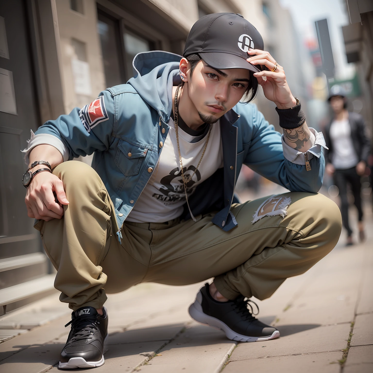 A um homem, 1 RAPAZ 20 ANOS, with a BÓNÉ and a crouched jacket, bonito, Cute Japanese HIP HOP SINGER Boy, Estilo anime misturado com Fujifilm, estilo anime masculino, pose de anime, personagem de anime; arte de corpo inteiro, anime, Pose forte, Homem de HIP HOP, Posando de personagem HIP HOP, jovem homem de anime, Anime cosplay, musculoso!!, personagem de anime masculino, foto cosplay