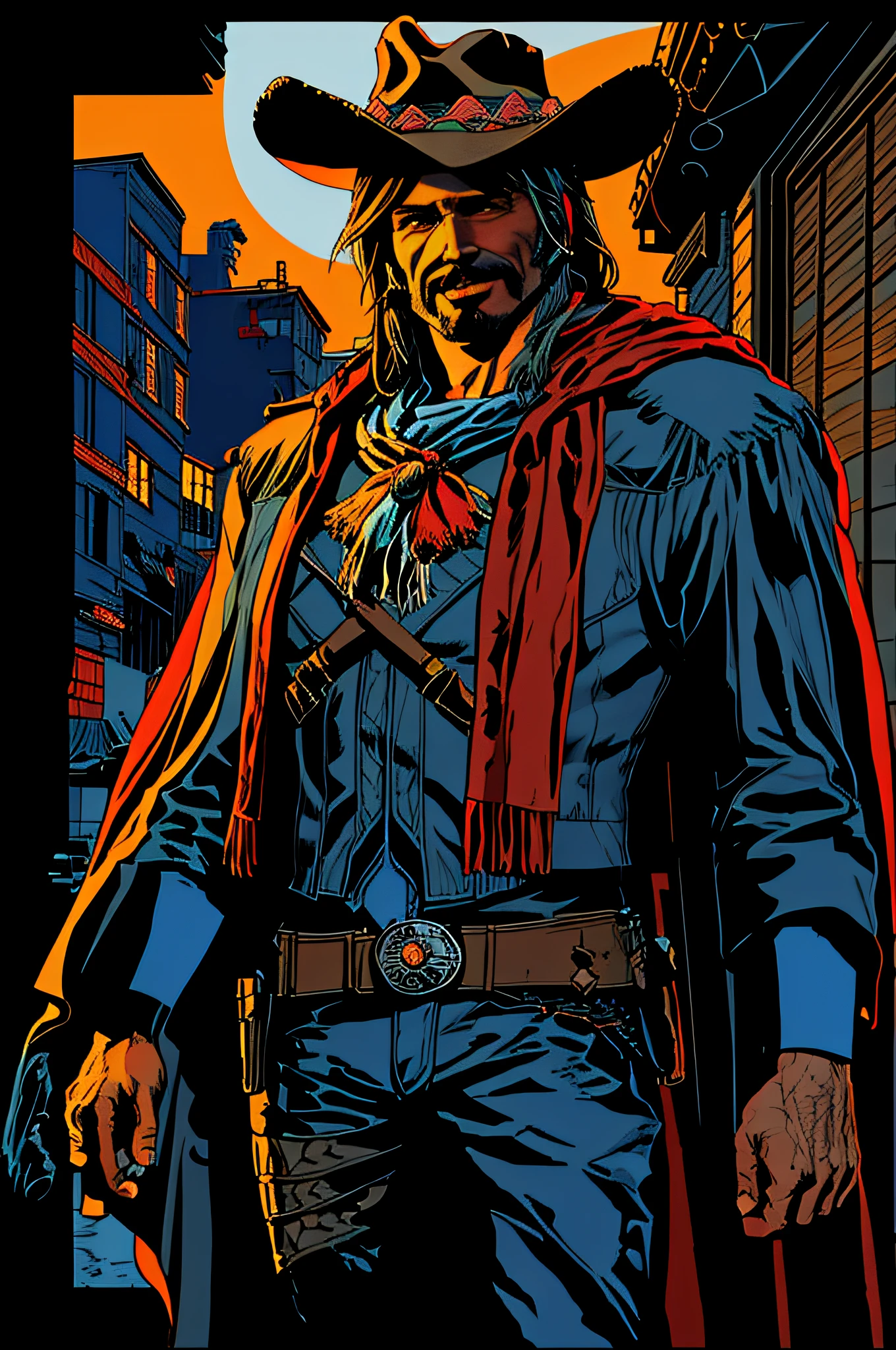 mccree, western setting, red poncho, cape, setting sun in background, smile, confident pose, cigar in mouth, best quality, limited palette