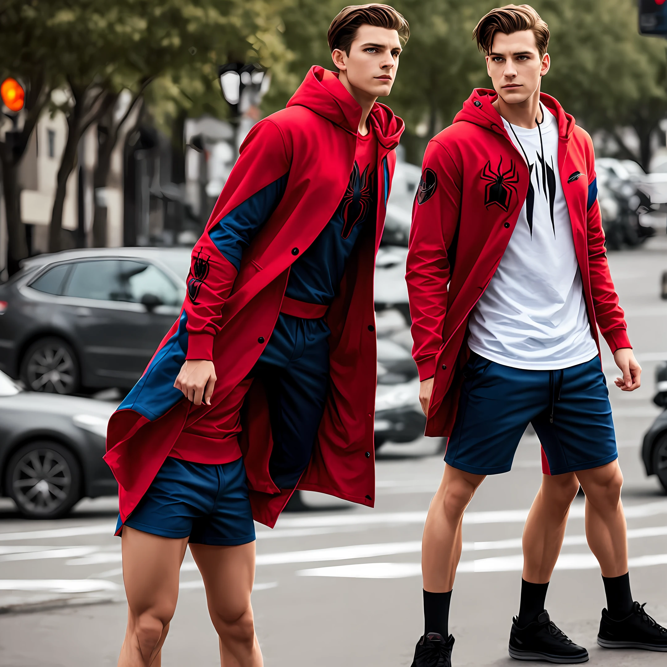 Male wearing hood Spider-Man modern style red coat black shorts red and white aj