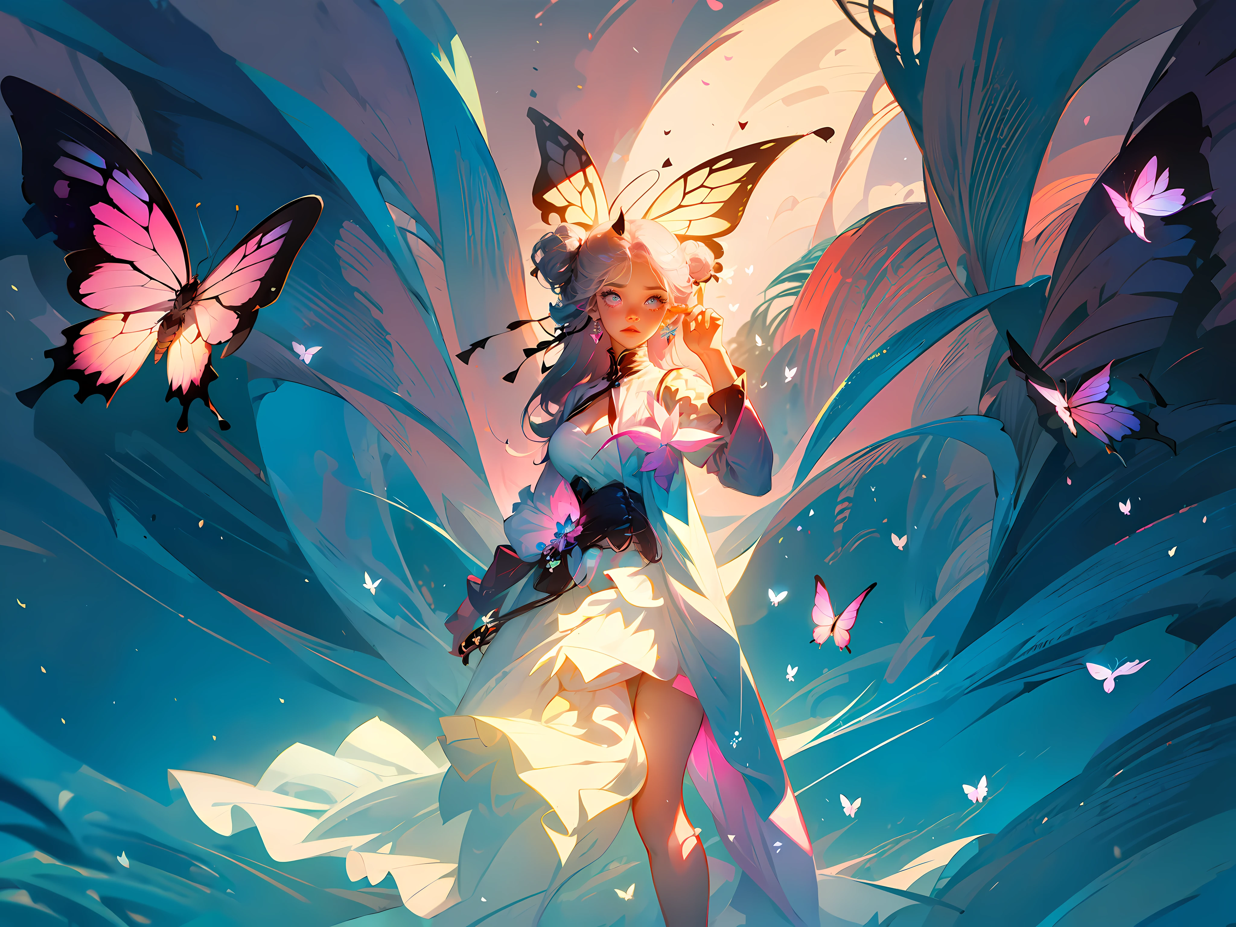 ((masterpiece)),(((best quality))),illustration,1 girl,long hair,hair on eyes, colorfull hair,beautiful eyes,environment Scene change, pose too, pink color palette, neon colors, female butterfly, butterfly antennae, holds a crosier, charturnbetalora, 8k,16k