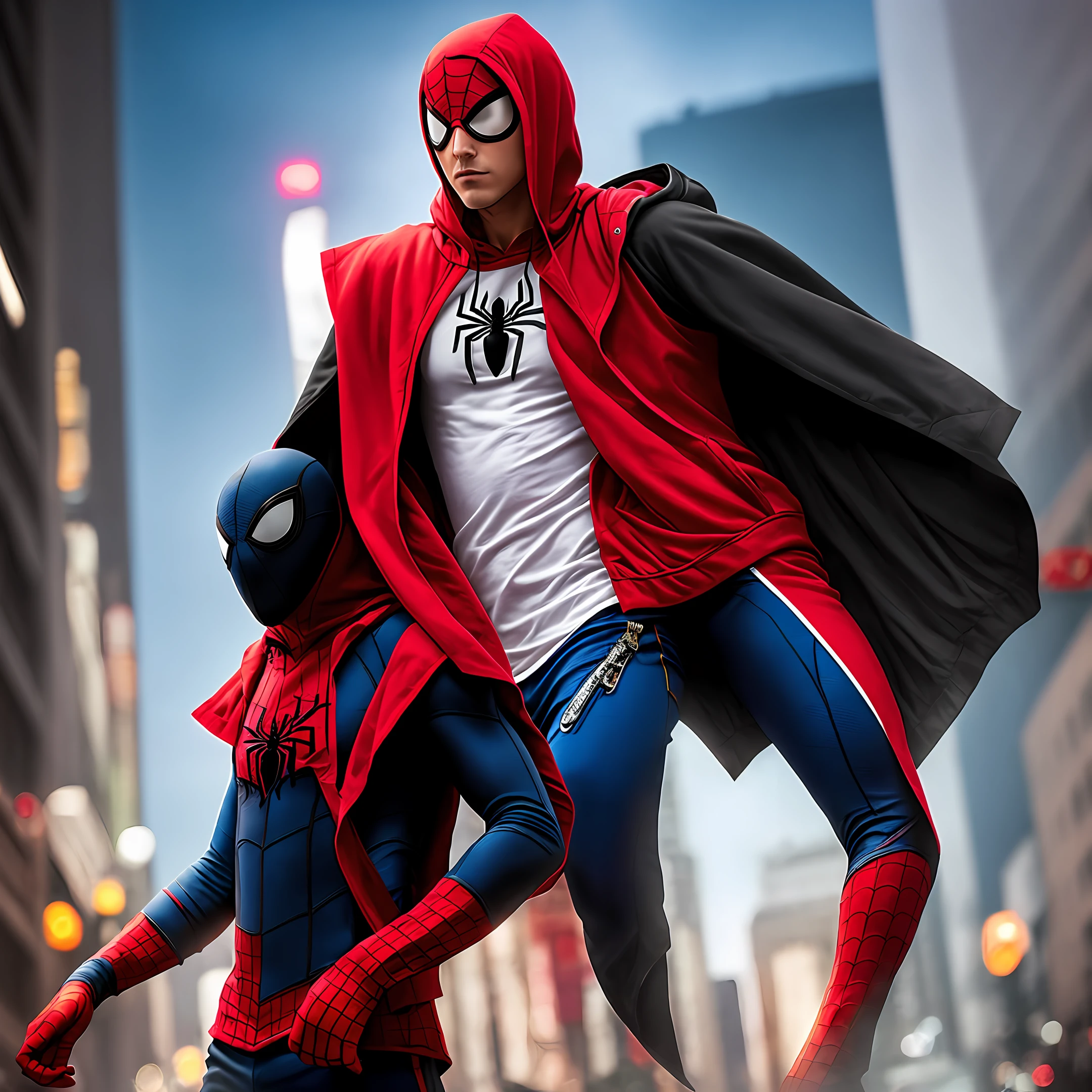 Male wearing hood Spider-Man modern style red coat black shorts red and white aj