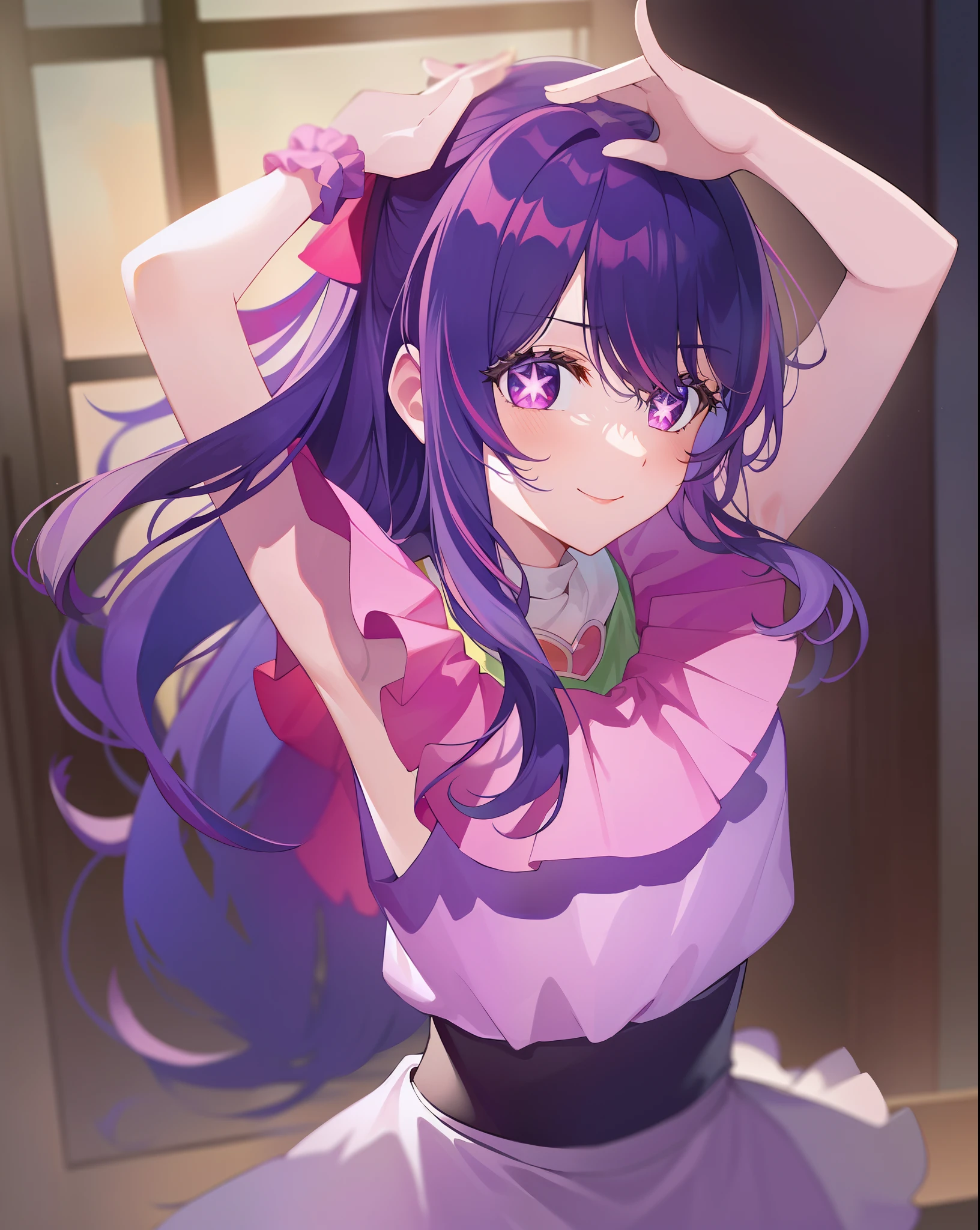 1girl, full bodyesbian, Cowboy photos, (Rembrandt), illustration, (masterpiece), (best quality), (ultra_detailed), finely detail, (Depth of field), HshinoAi, mitts, long whitr hair, pop star\ (symbol\), looking at viewer, (purple hair:1.2), purple eyes, upper body, hair ornament, :p, frills, pink shirt, smile, sleeveless, shirt, idol, symbol-shaped pupils, hands up, Brags smiles,无袖,The shirt,idoly,symbol-shaped pupils,Raise Hand,By bangs,One side facing up,star-shaped bule pupils,Arms up,Skirt pulling,roaring twenties,isometry,looking from above,Skysky,blossoms,precipice,