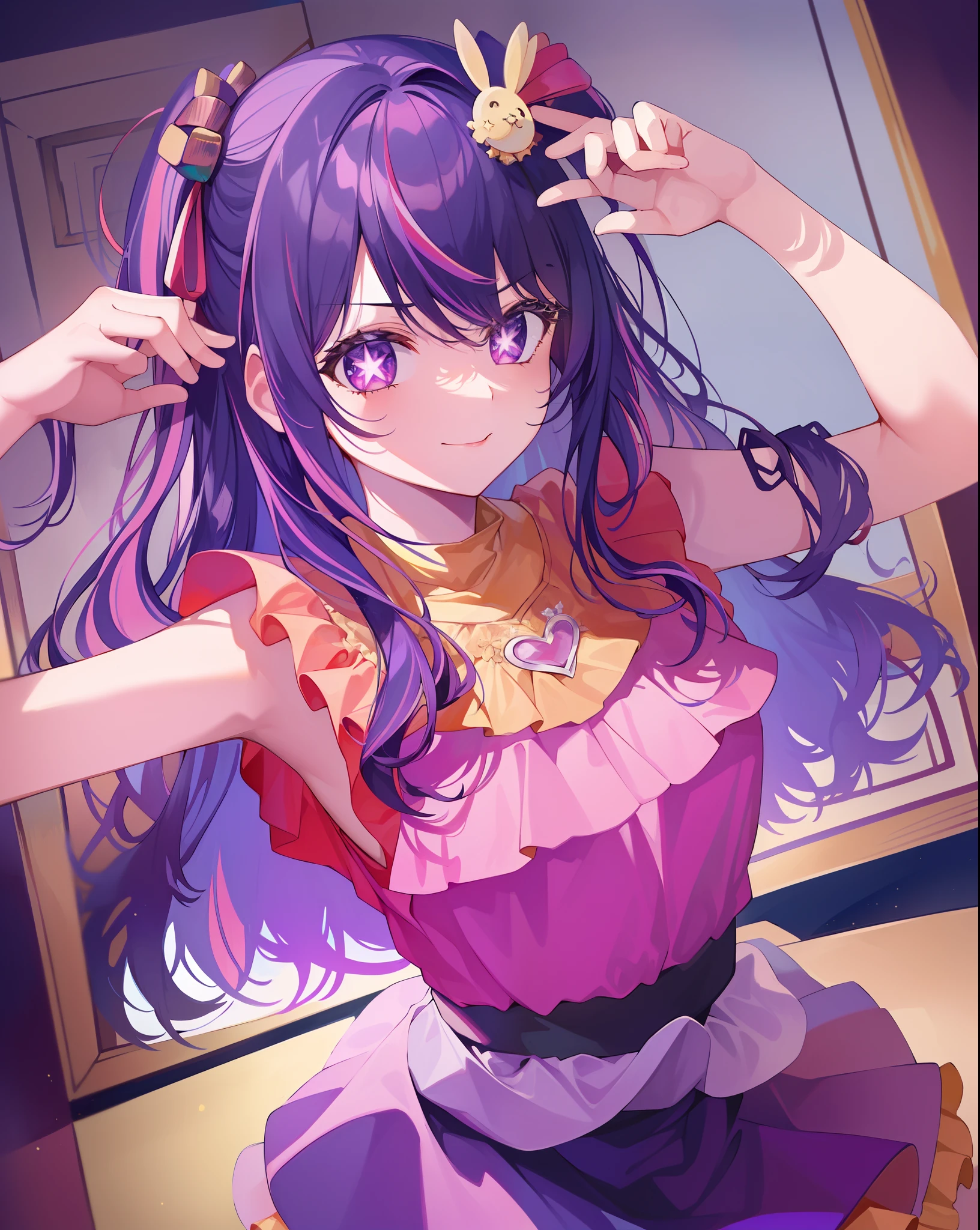 1girl, full bodyesbian, Cowboy photos, (Rembrandt), illustration, (masterpiece), (best quality), (ultra_detailed), finely detail, (Depth of field), HshinoAi, mitts, long whitr hair, pop star\ (symbol\), looking at viewer, (purple hair:1.2), purple eyes, upper body, hair ornament, :p, frills, pink shirt, smile, sleeveless, shirt, idol, symbol-shaped pupils, hands up, Brags smiles,无袖,The shirt,idoly,symbol-shaped pupils,Raise Hand,By bangs,One side facing up,star-shaped bule pupils,Arms up,Skirt pulling,roaring twenties,isometry,looking from above,Skysky,blossoms,precipice,