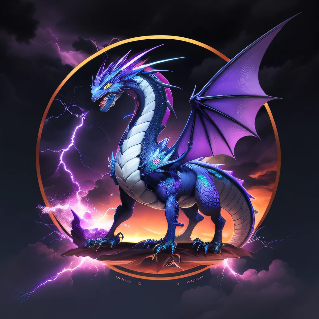 A square logo with the words "Mu Share Hard" underneath a purple background, with clouds and lightning, representando o clima e a energia. No meio do quadrado, an image of an electric dragon, depicting a mystical and impressive creature.