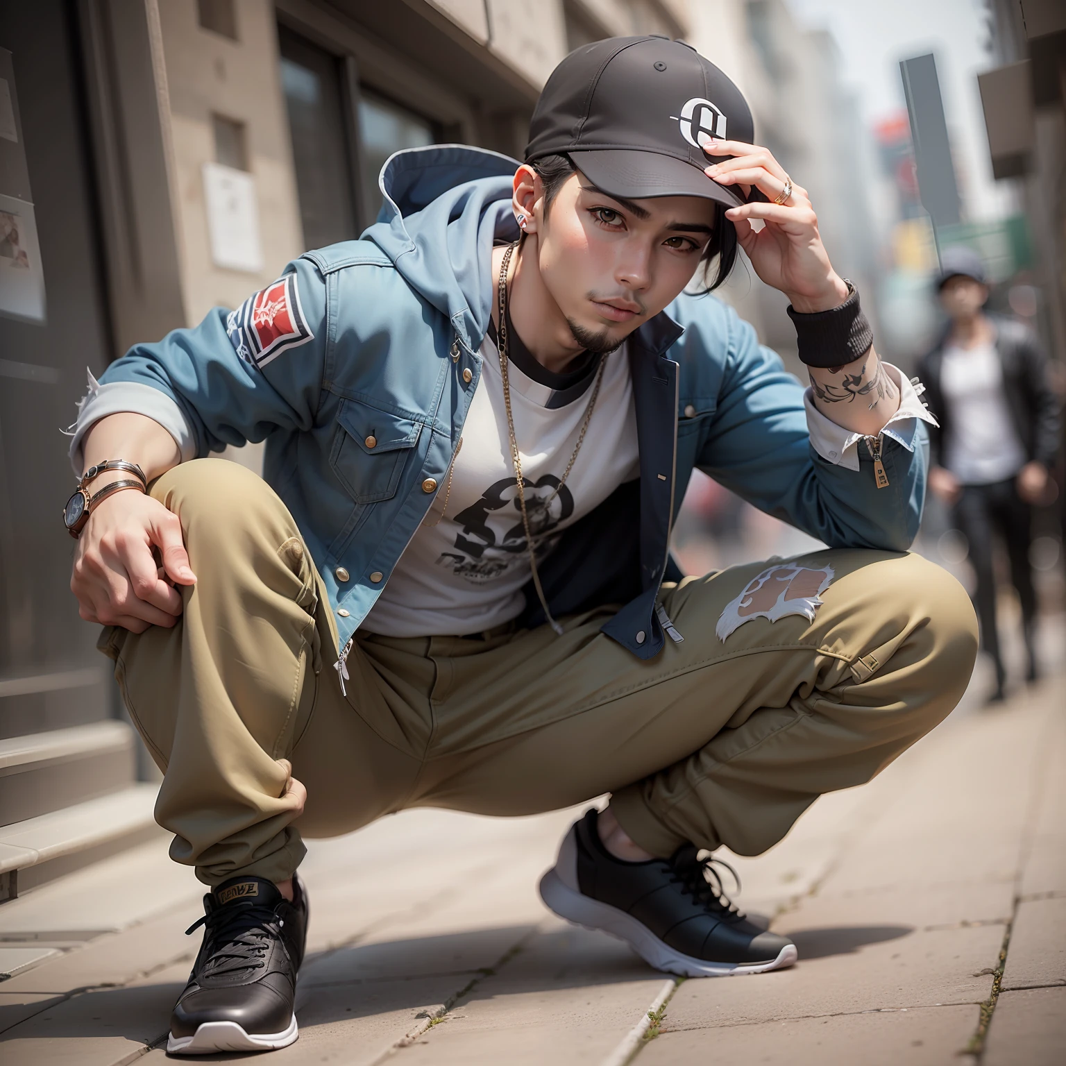 A um homem, 1 RAPAZ 20 ANOS, with a BÓNÉ and a crouched jacket, bonito, Cute Japanese HIP HOP SINGER Boy, Estilo anime misturado com Fujifilm, estilo anime masculino, pose de anime, personagem de anime; arte de corpo inteiro, menino anime, Pose forte, Homem de HIP HOP, Posando de personagem HIP HOP,  jovem homem de anime, Anime cosplay, musculoso!!, personagem de anime masculino, foto cosplay
