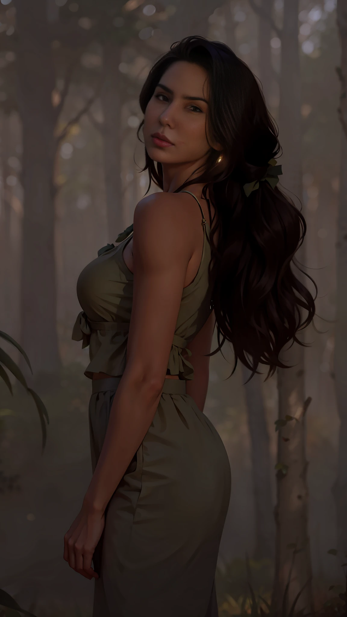 a hyper-realistic portrait of a young woman, under a tree, inside a forest, in the middle of nature, 22 years old, realistic, (lying on her side), sexy, (huge breasts 2:1), short brown hair, (hair tied with bows), curved, SFW