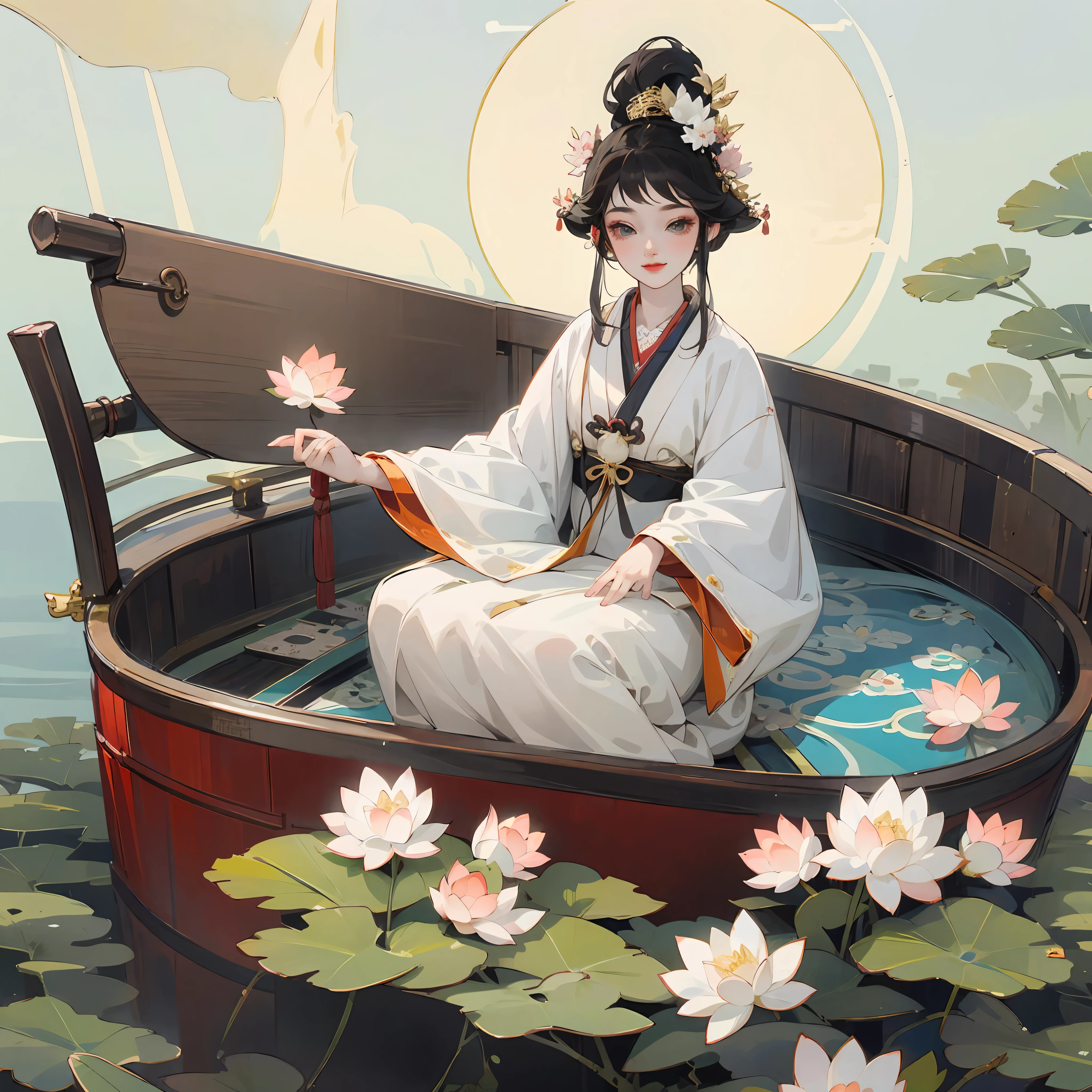 Lotus in the sun,Little girl dressed in traditional Chinese costume playing happily on the boat,Japanese anime style
