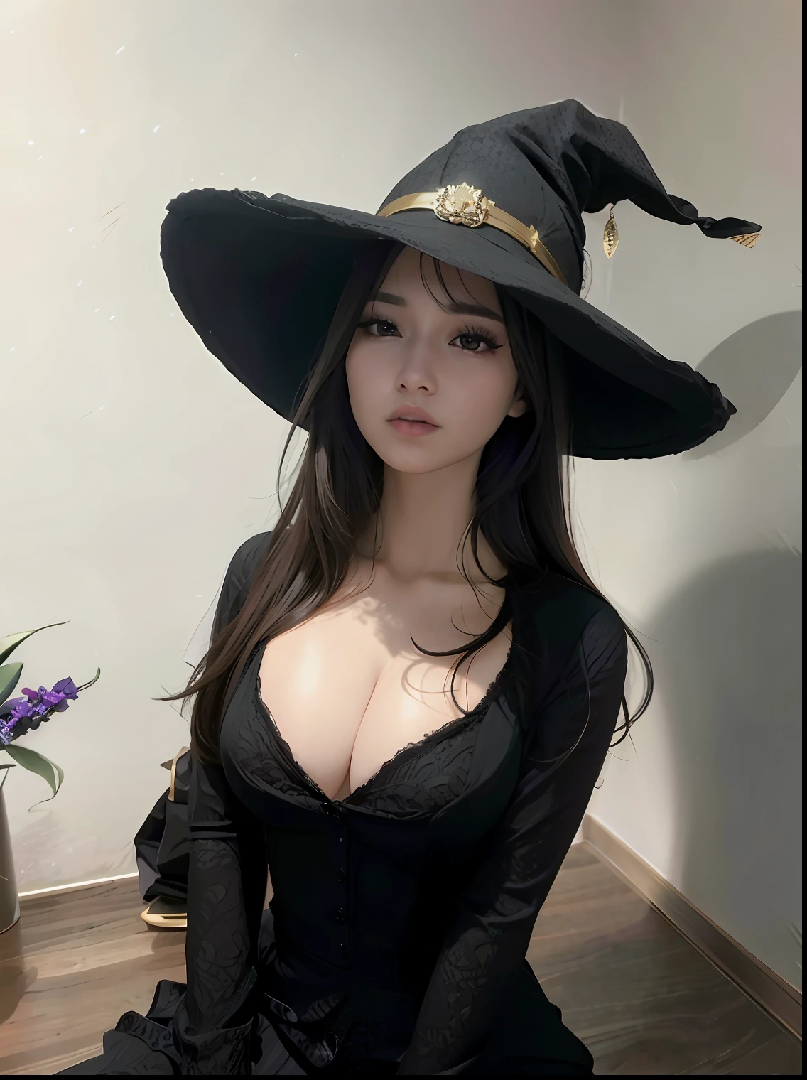 Araffe's wife in a witch's costume sitting on a wooden floor, classical witch, wearing black witch hat, black witch hat, feiticeira bonita, witch hat, bruxa, feiticeira bonita, beautiful witch female, witch hat, wearing black dress and hat, bruxa feminina bonita, menina bruxa, magia de elenco de bruxa de anime de paquera, Pointed black witch hat