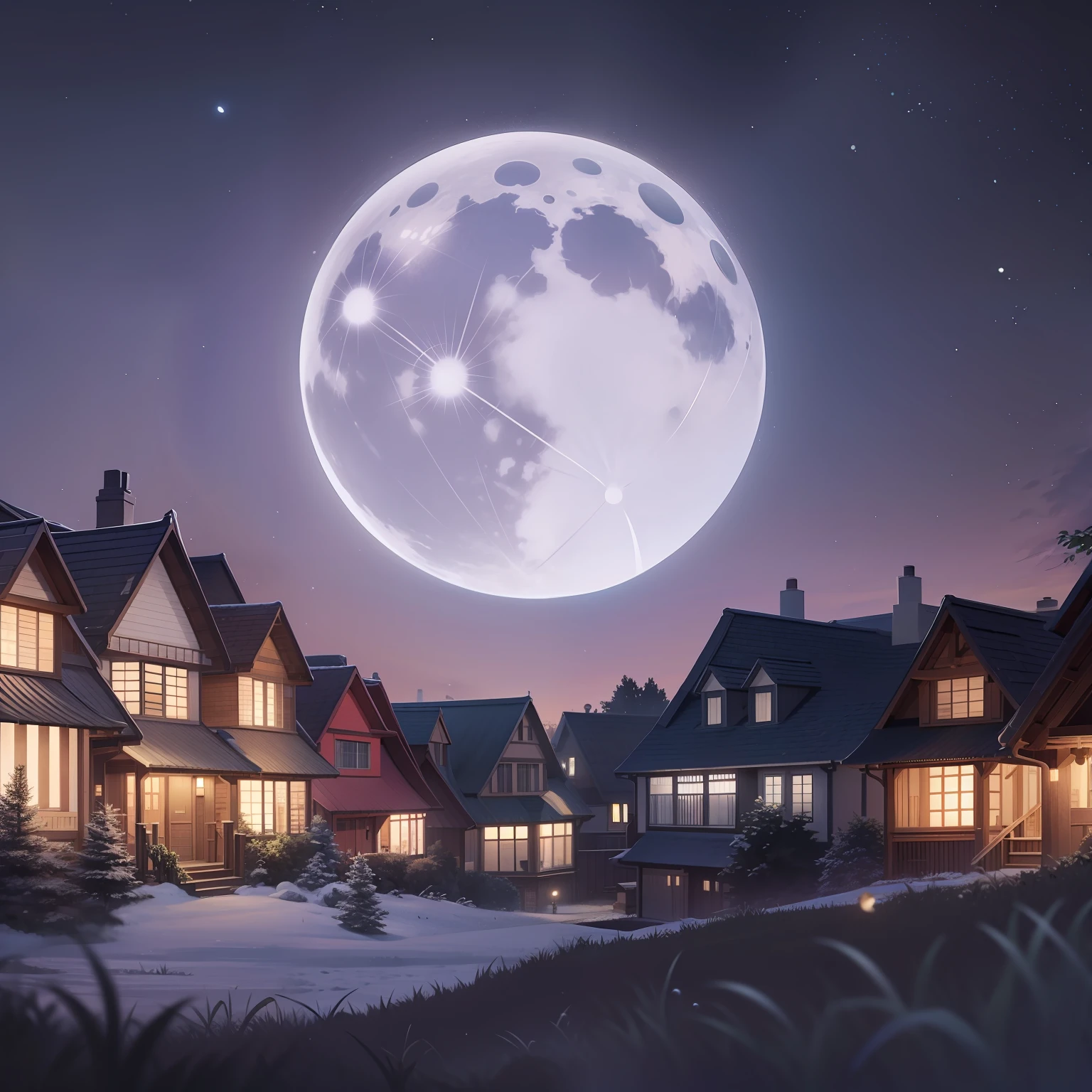 nighttime scene,There are moons,There are houses